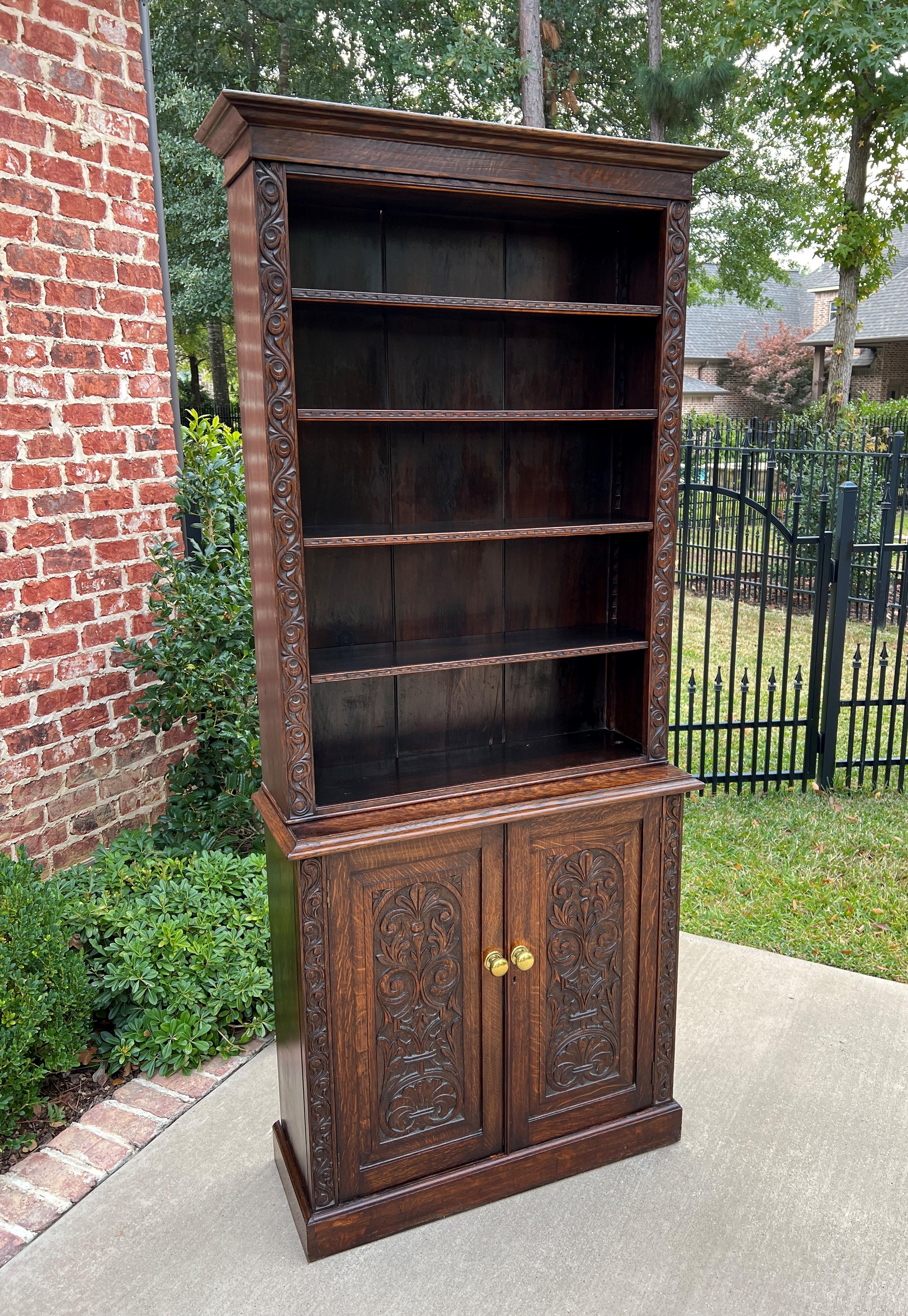 Antique English Bookcase Display Shelf Cabinet Two-Piece Carved Oak c. 1920s 7