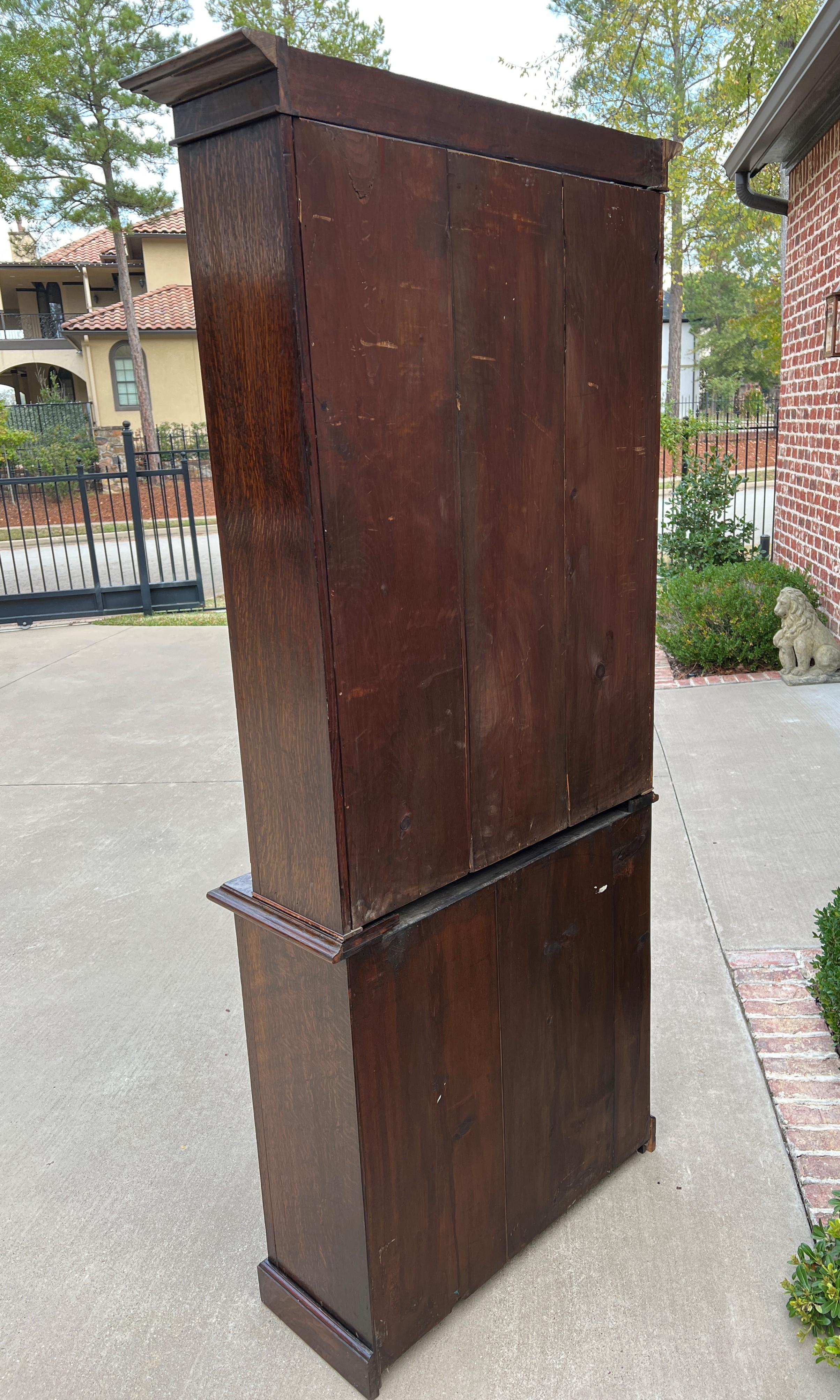 Antique English Bookcase Display Shelf Cabinet Two-Piece Carved Oak c. 1920s 8