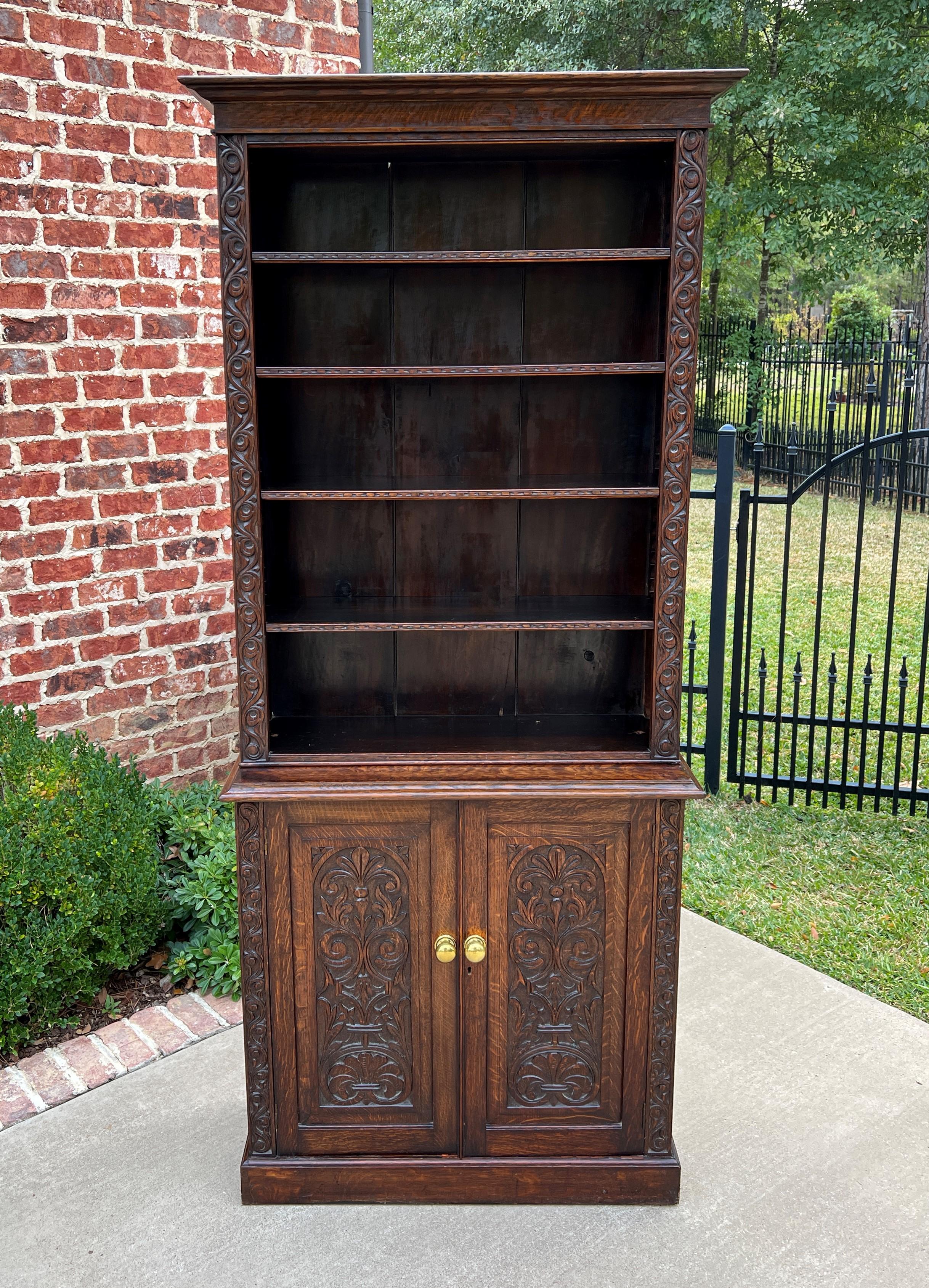 Antique English Bookcase Display Shelf Cabinet Two-Piece Carved Oak c. 1920s 1