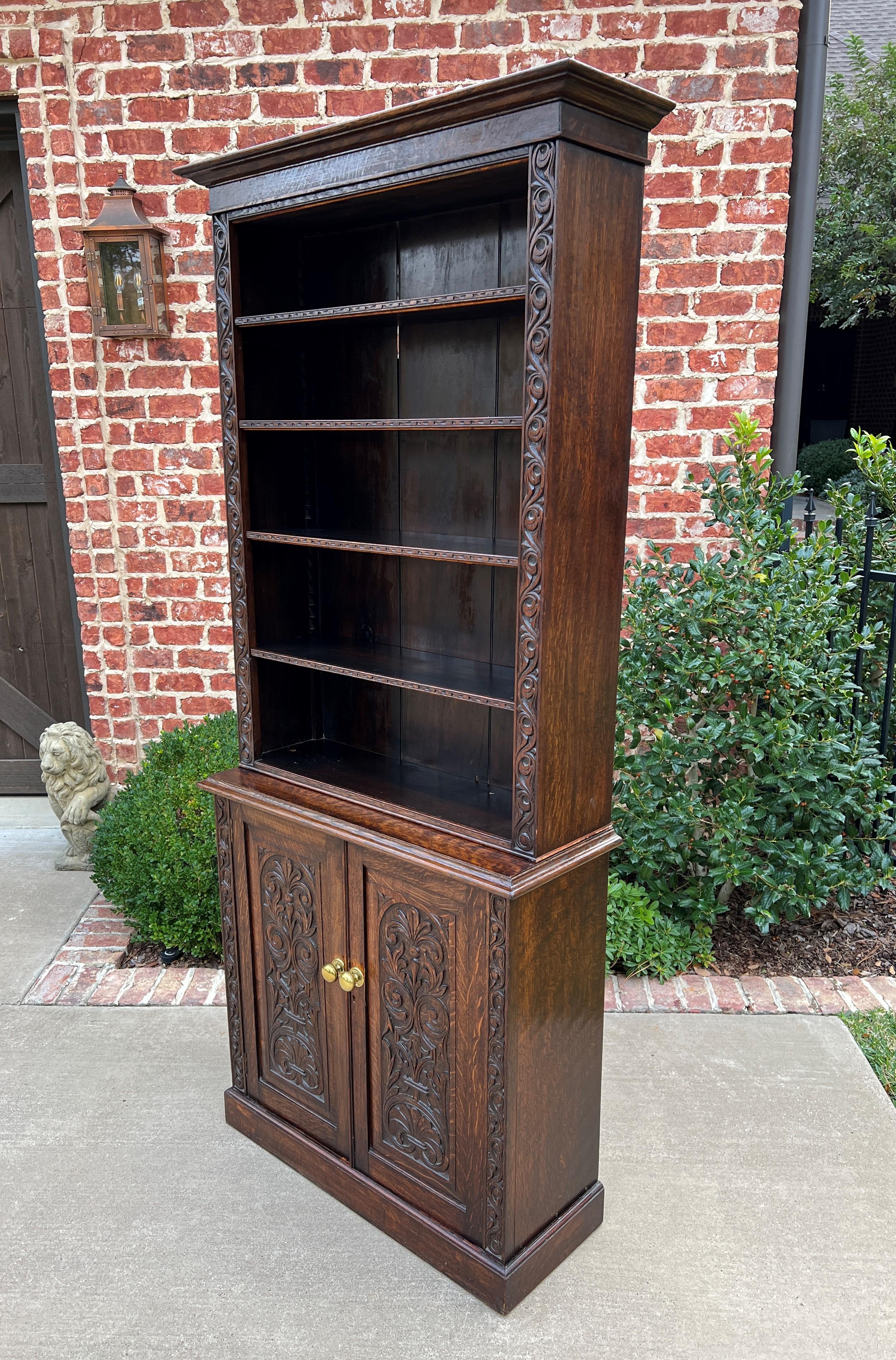 Antique English Bookcase Display Shelf Cabinet Two-Piece Carved Oak c. 1920s 3