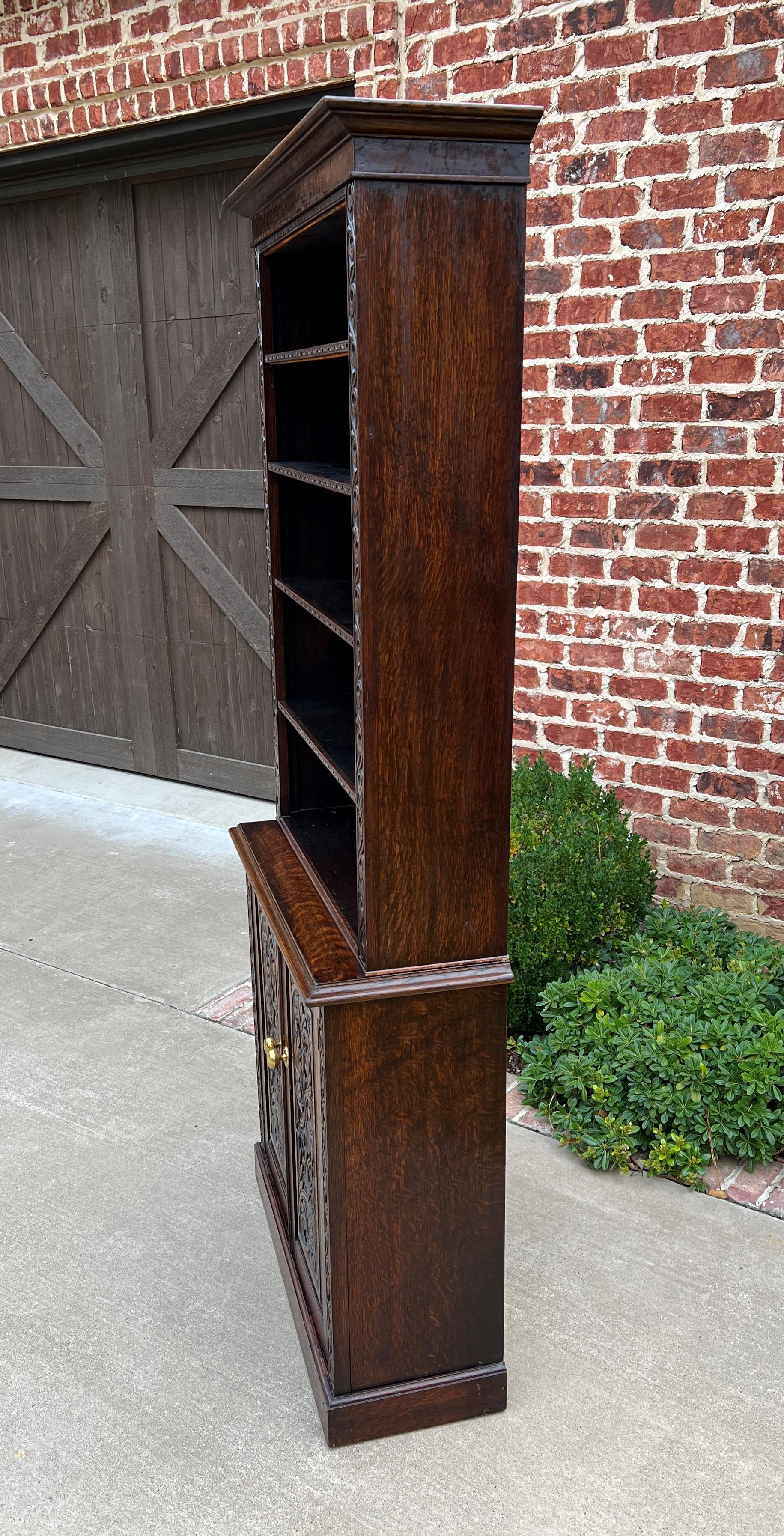 Antique English Bookcase Display Shelf Cabinet Two-Piece Carved Oak c. 1920s 4