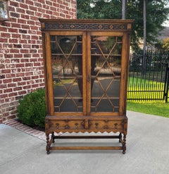 Antique English Bookcase Jacobean Display Cabinet Barley Twist Tiger Oak c.1930s