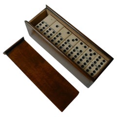 Antique English Boxed Bone & Ebony Wood Dominoes