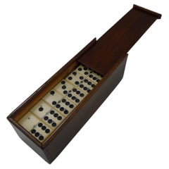 Antike Englisch Boxed Knochen & Ebenholz Holz Dominoes