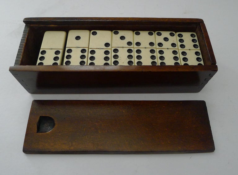 British Antique English Boxed Bone & Wood Dominoes For Sale