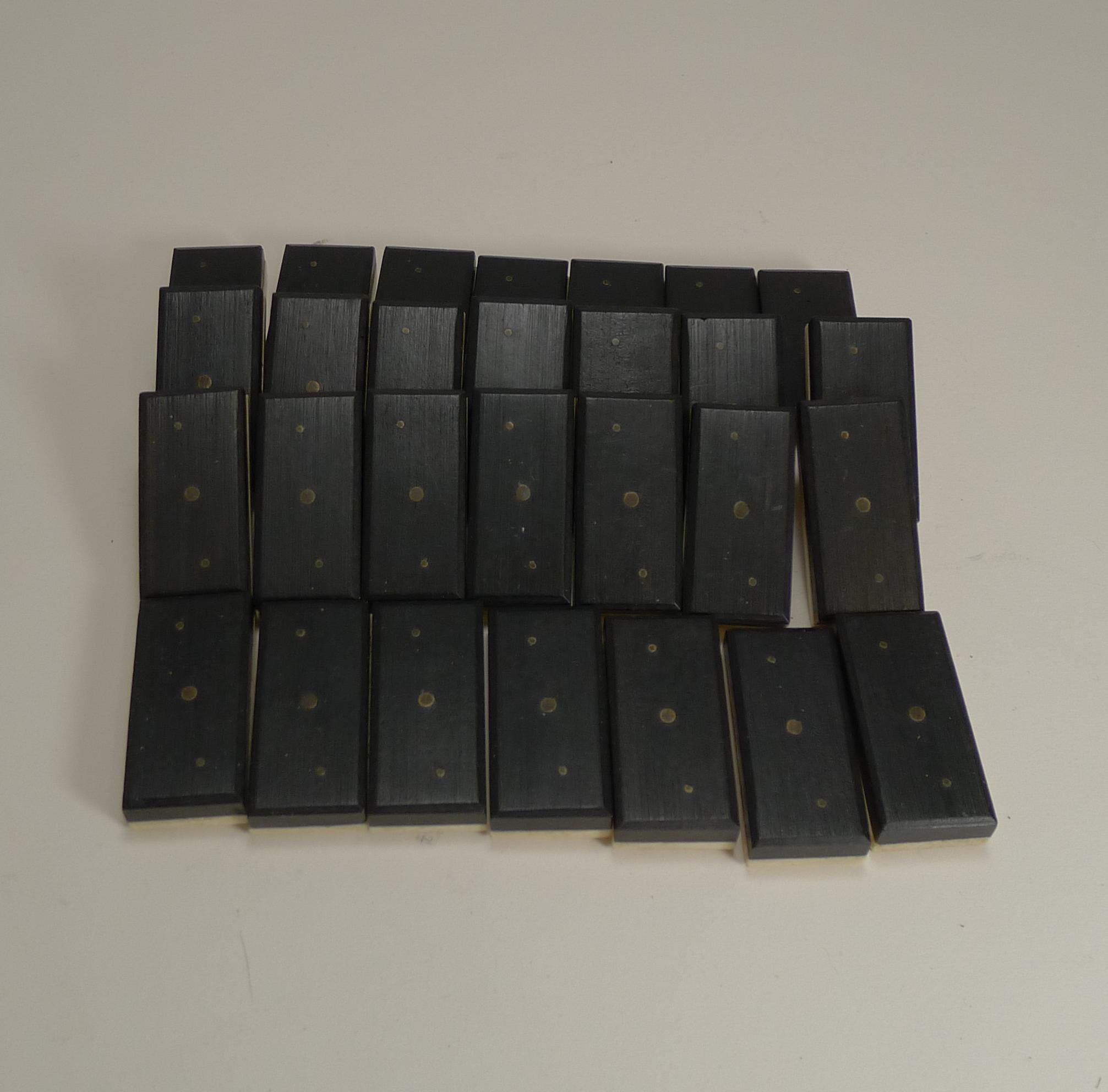 Edwardian Antique English Boxed Set Bone and Ebony Wood Dominoes, circa 1900