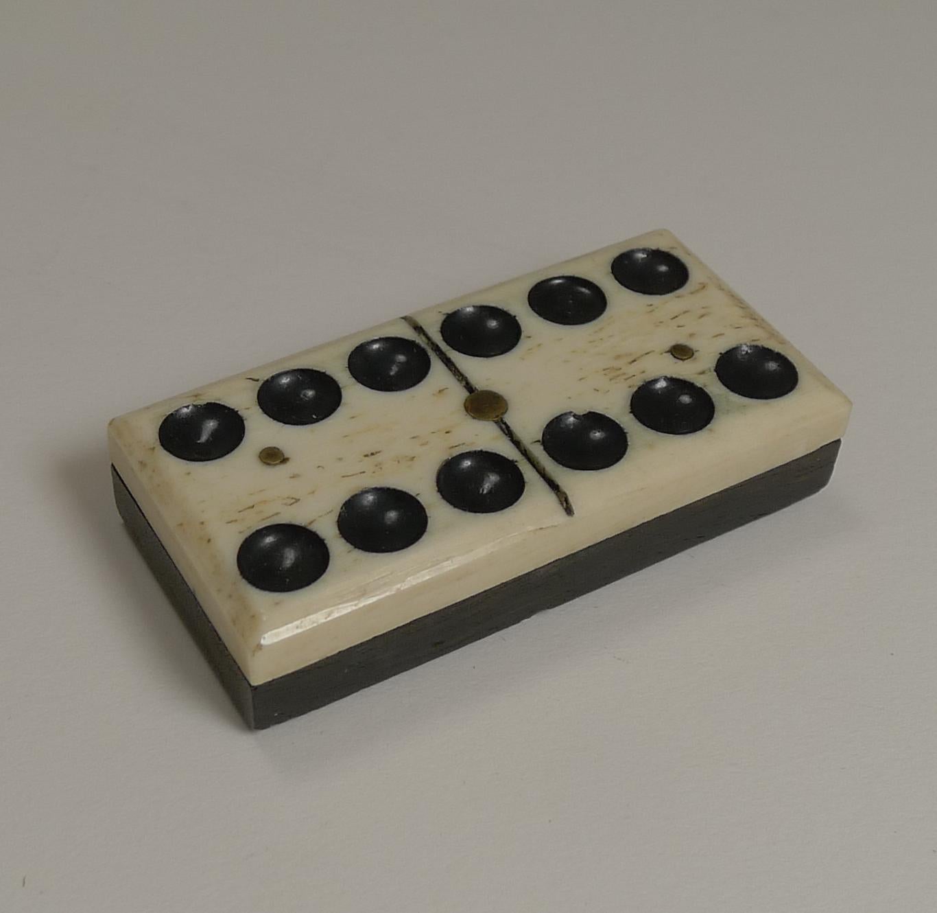 Early 20th Century Antique English Boxed Set Bone and Ebony Wood Dominoes, circa 1900