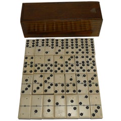 Antique English Boxed Set Bone and Ebony Wood Dominoes, circa 1900