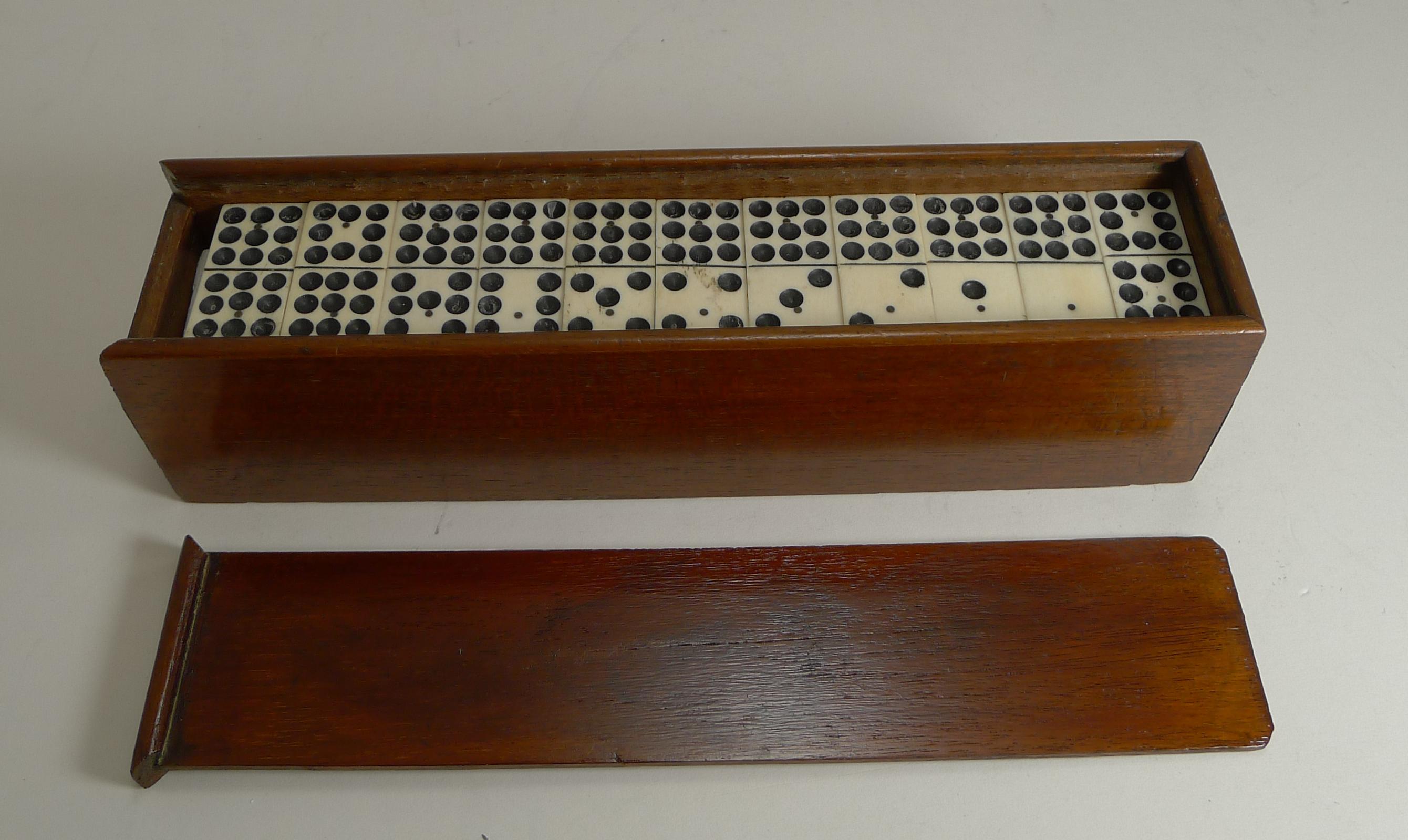 Edwardian Antique English Boxed Set Bone and Ebony Wood Double Nines Dominoes