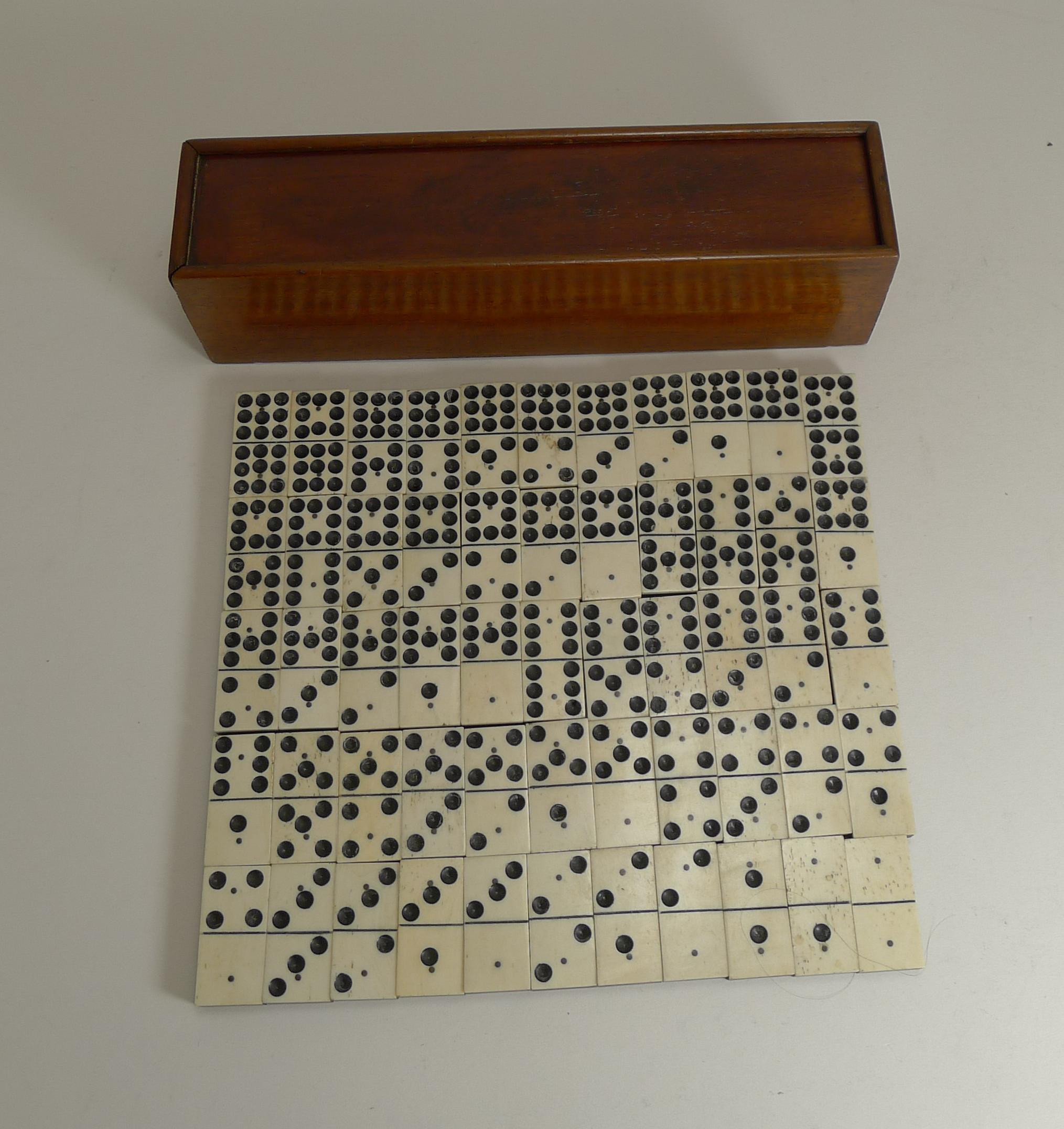 Early 20th Century Antique English Boxed Set Bone and Ebony Wood Double Nines Dominoes