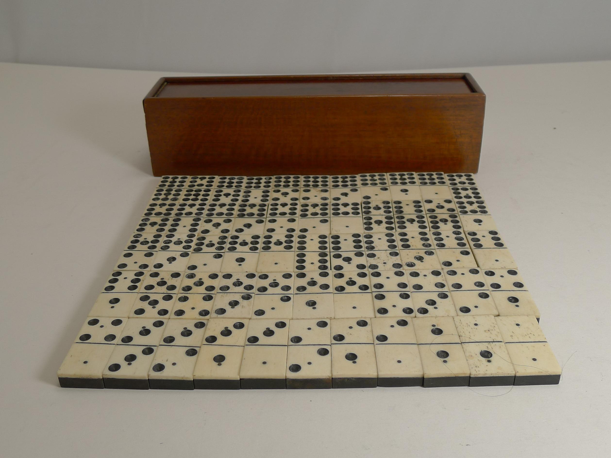 Antique English Boxed Set Bone and Ebony Wood Double Nines Dominoes 1