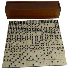 Antique English Boxed Set Bone and Ebony Wood Double Nines Dominoes