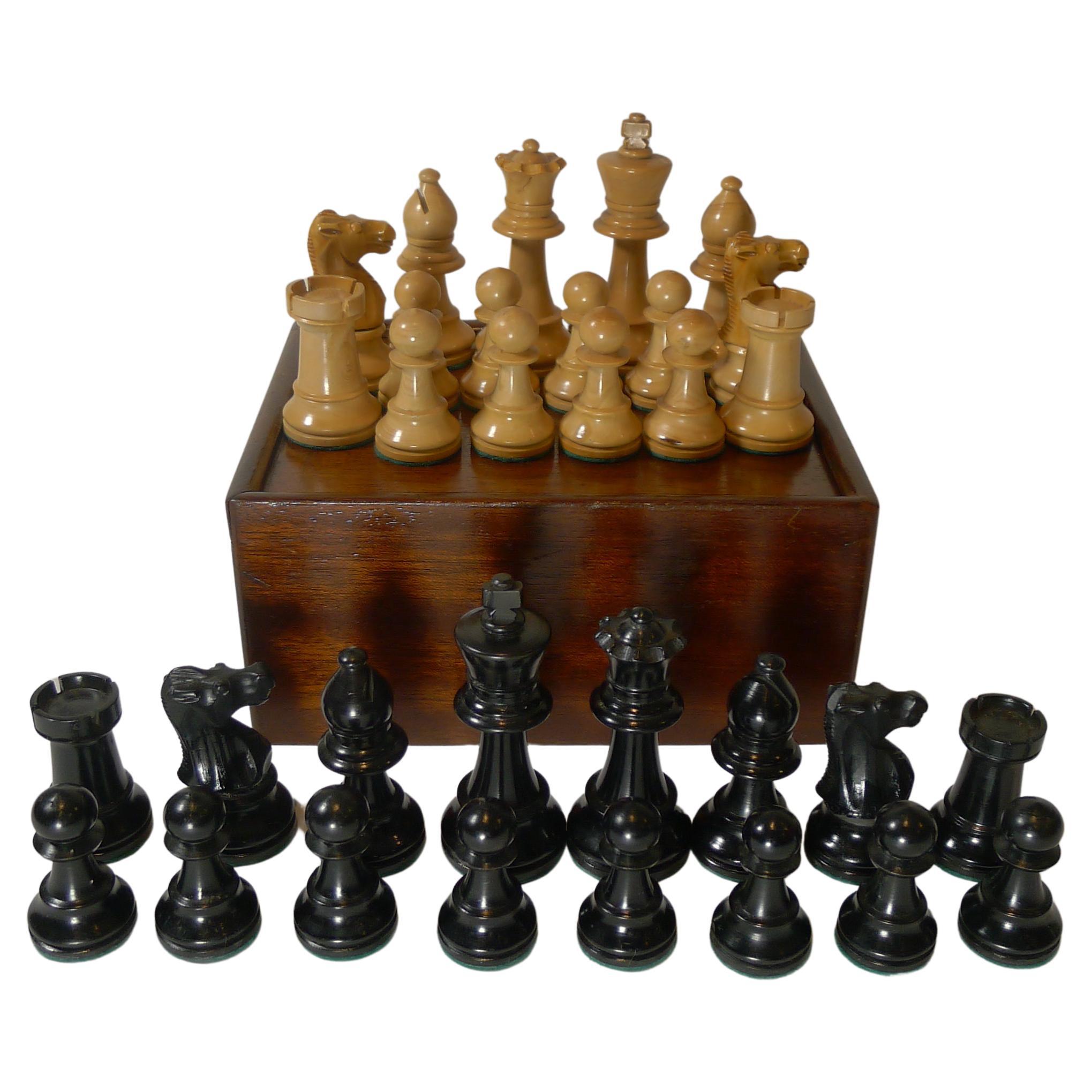 Antique English Boxwood Chess Set With Storage Box c.1910
