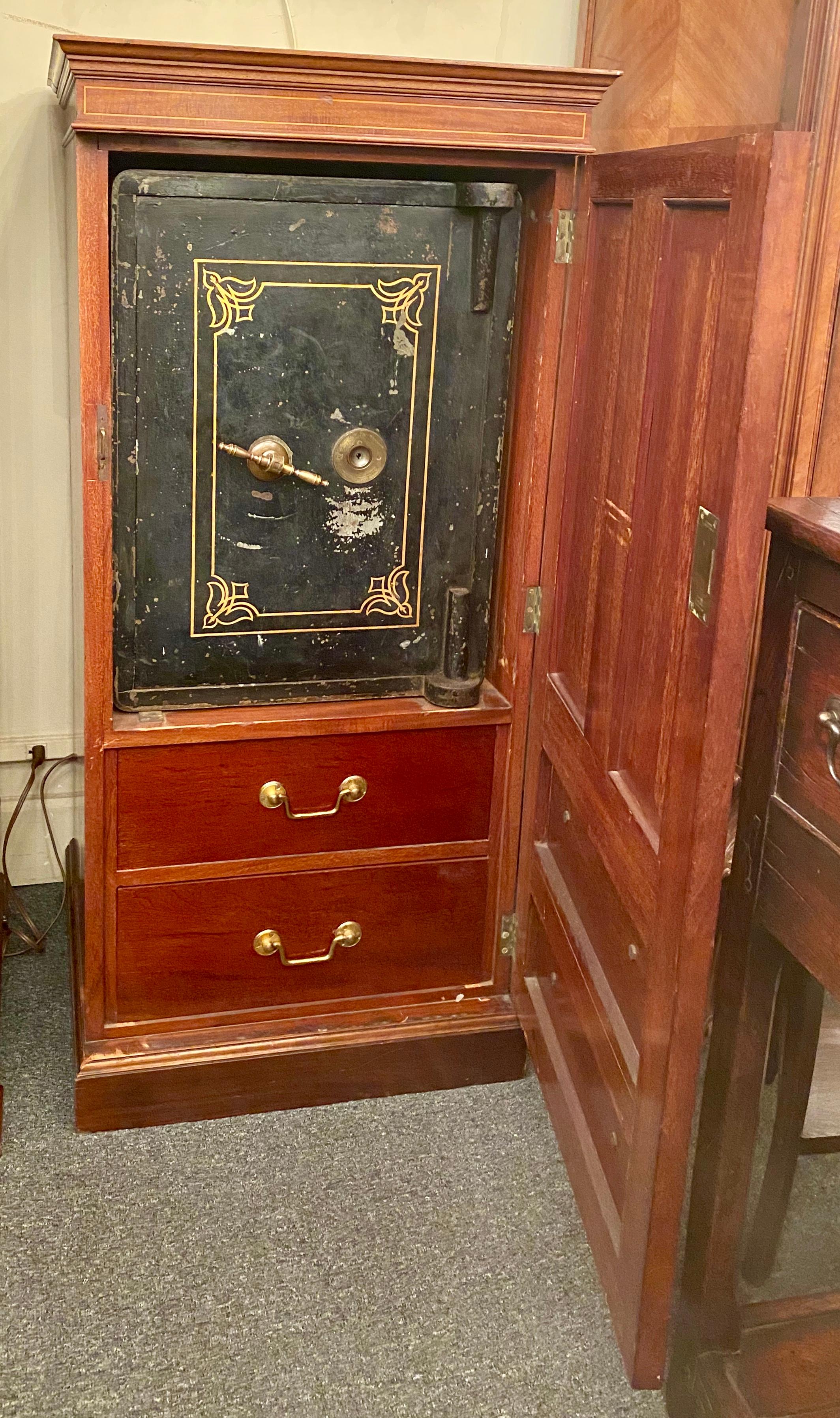 Brass Antique English Bramah Mahogany Collector's Cabinet with Hidden Safe, circa 1880