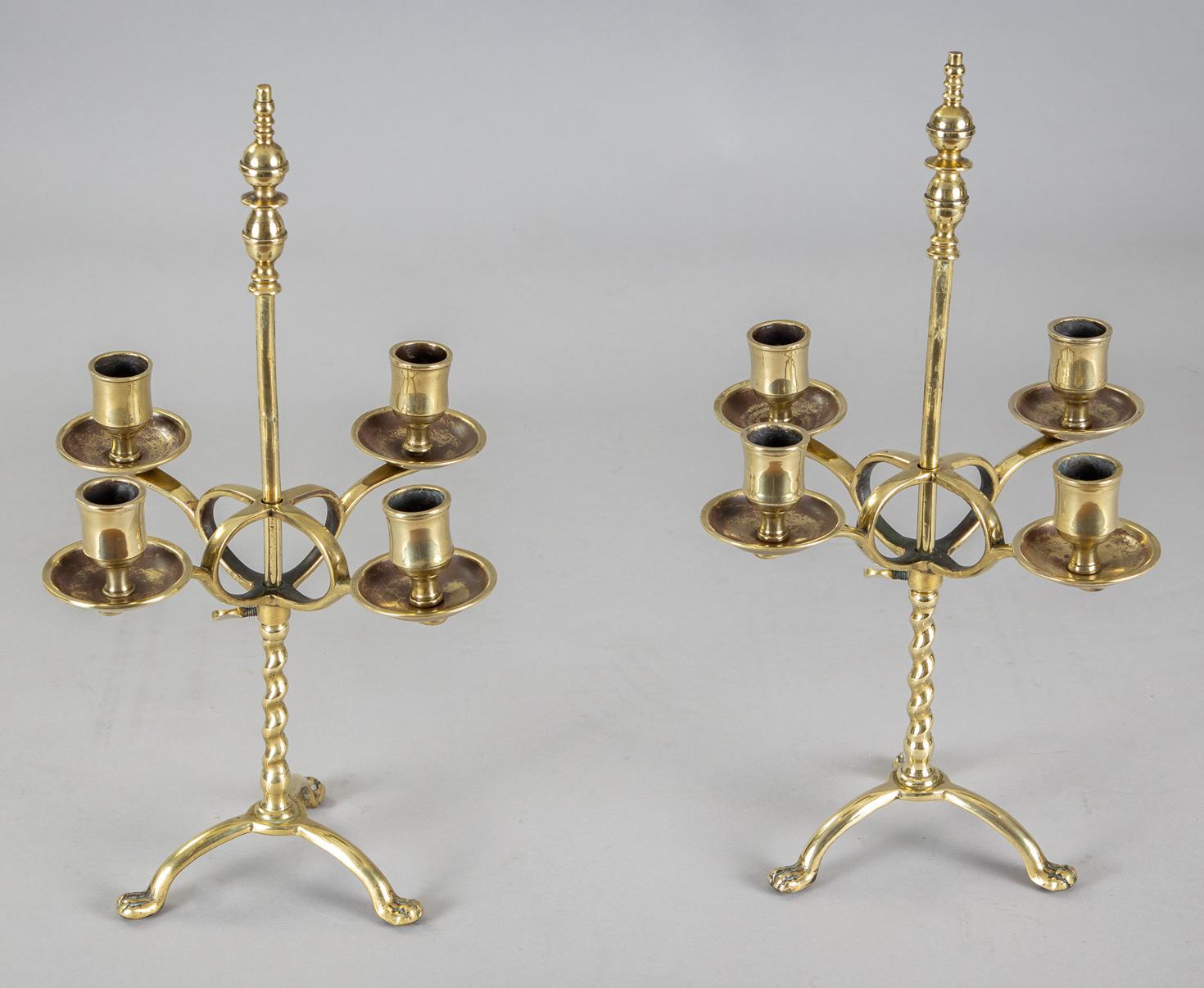 Antique English Brass Adjustable Candelabra, Pair In Good Condition For Sale In Sheffield, MA