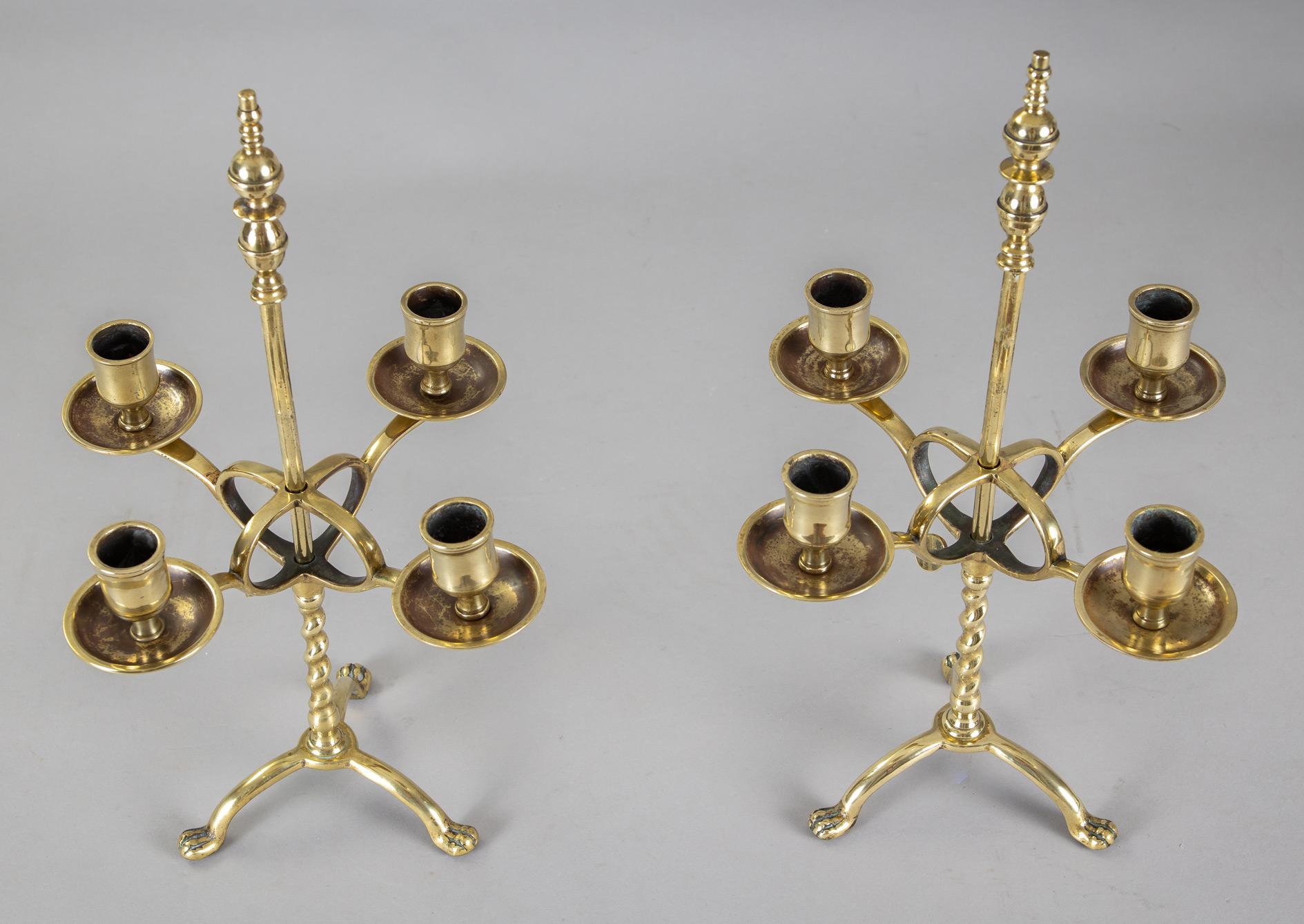 19th Century Antique English Brass Adjustable Candelabra, Pair For Sale