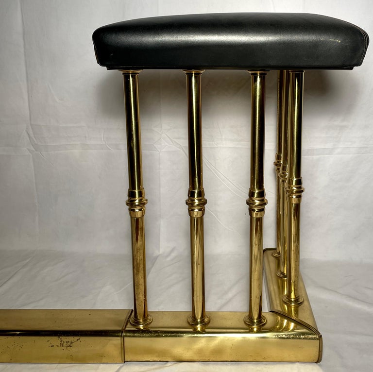 Antique English Brass and Leather Adjustable Club Fire Fender, circa