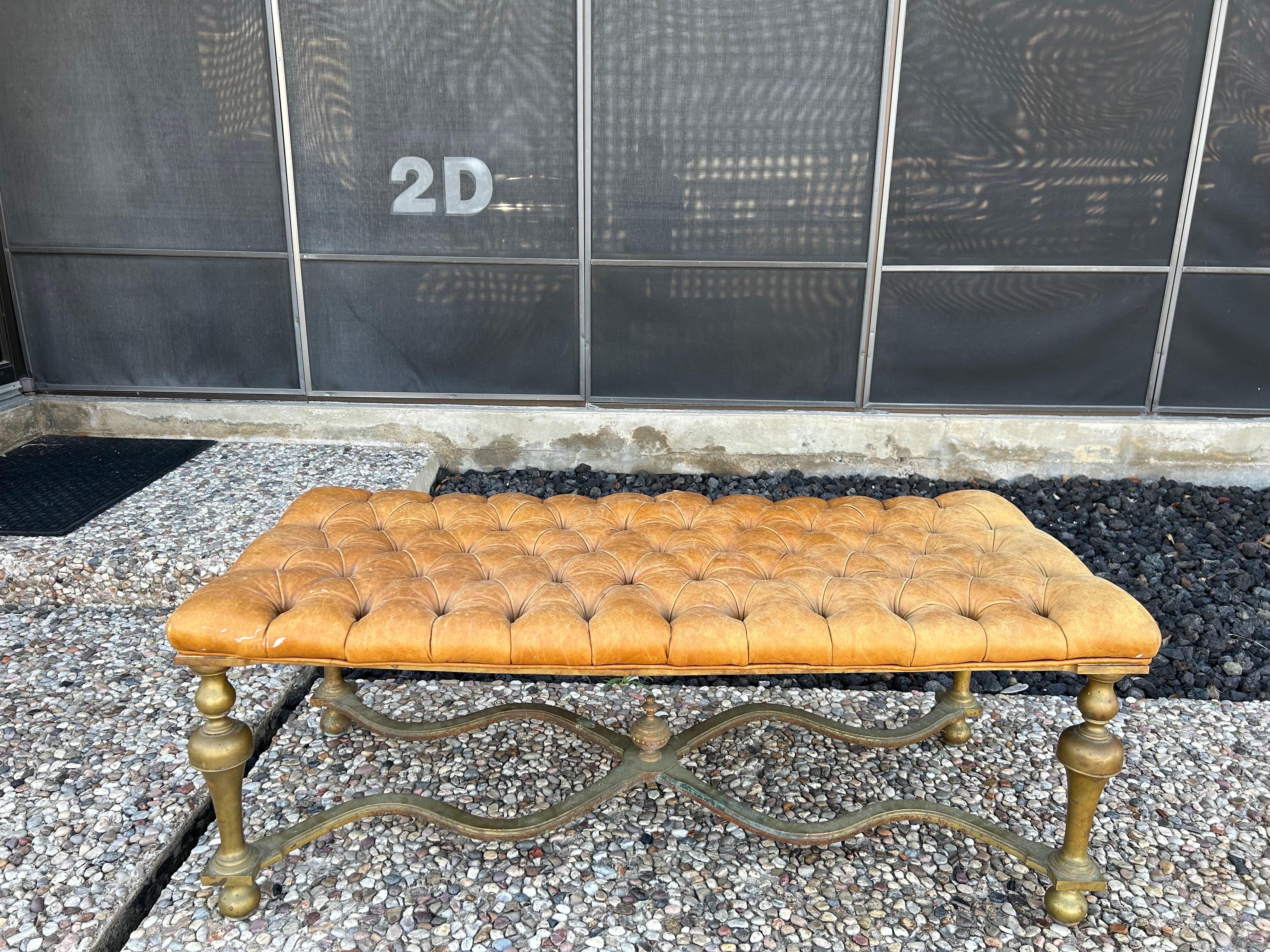 Antique English Brass and Leather Bench For Sale 5
