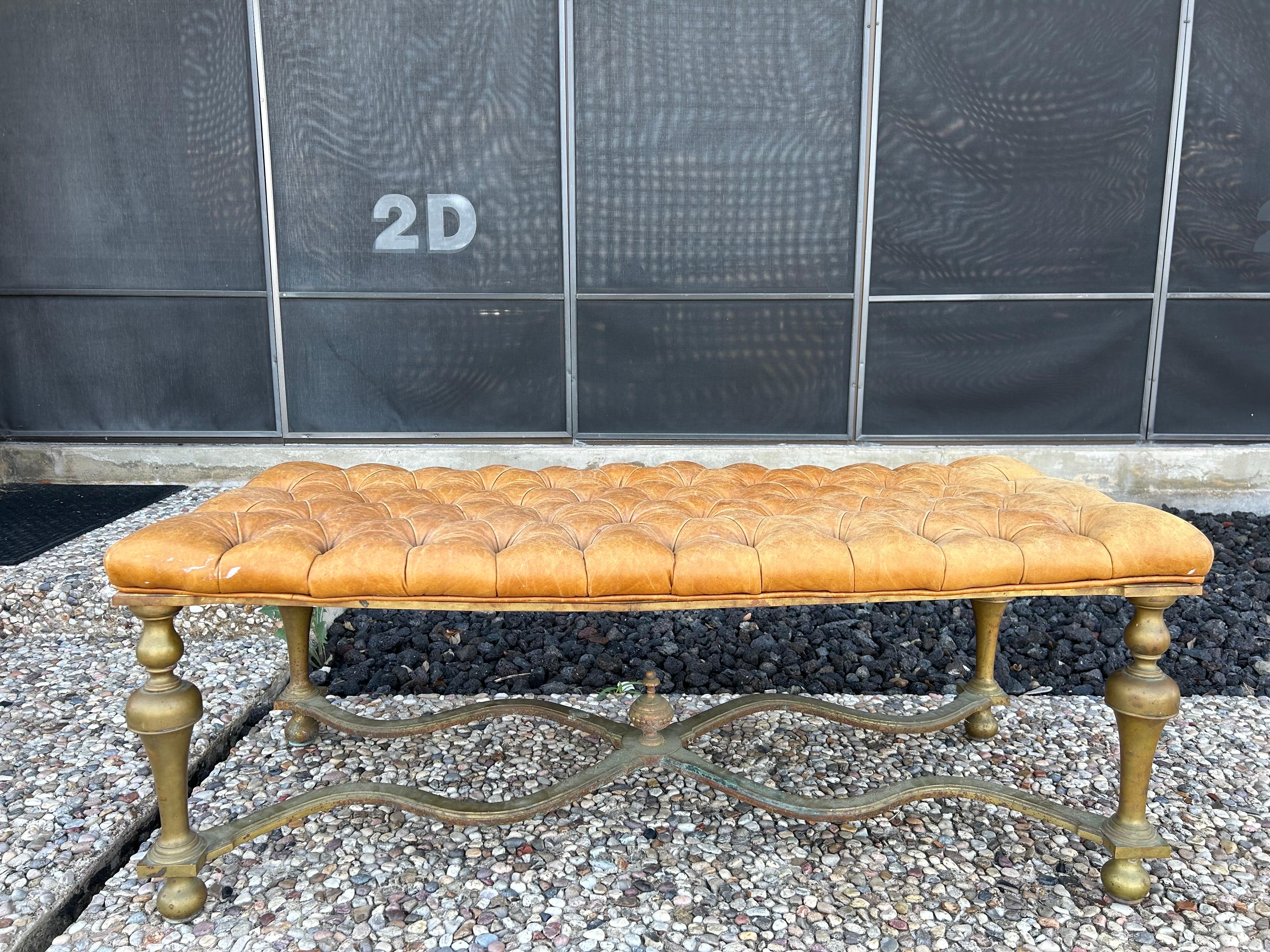 Antique English Brass and Leather Bench For Sale 6