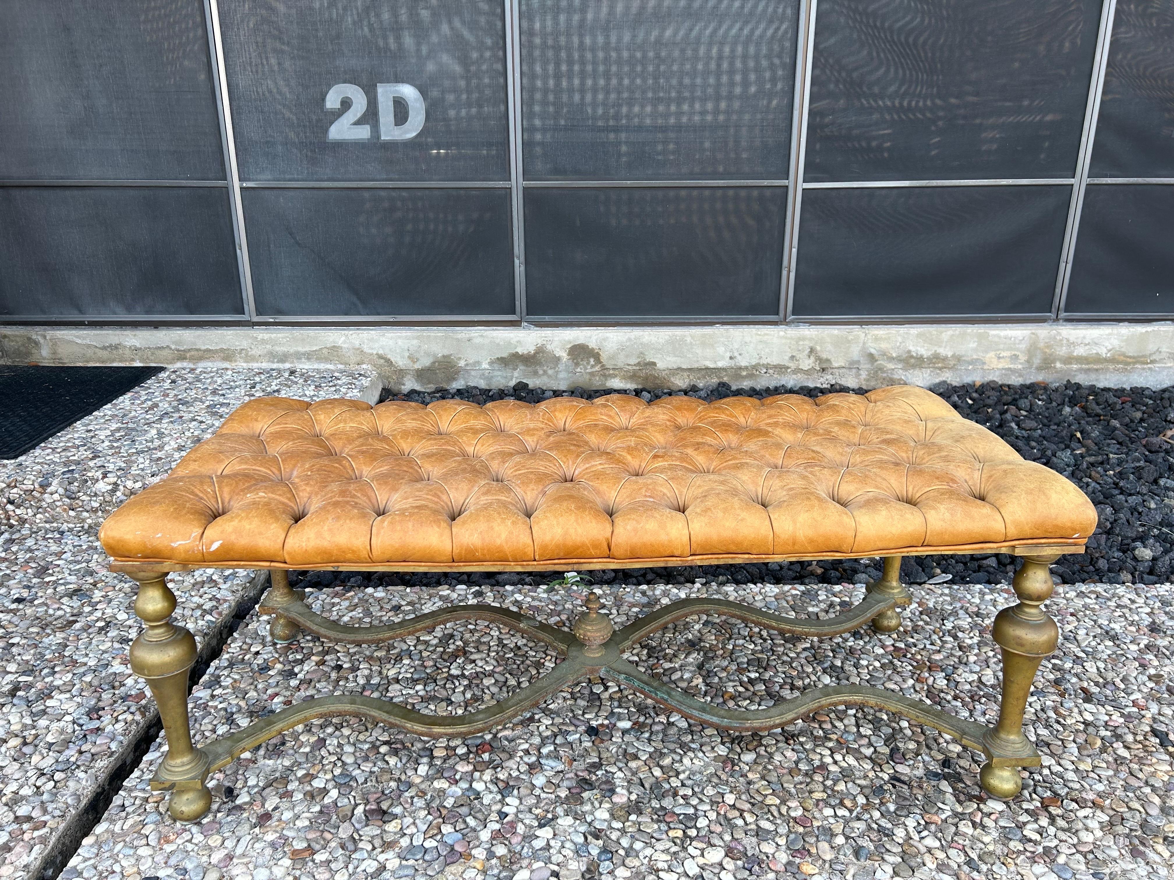 Antique English Brass and Leather Bench For Sale 7