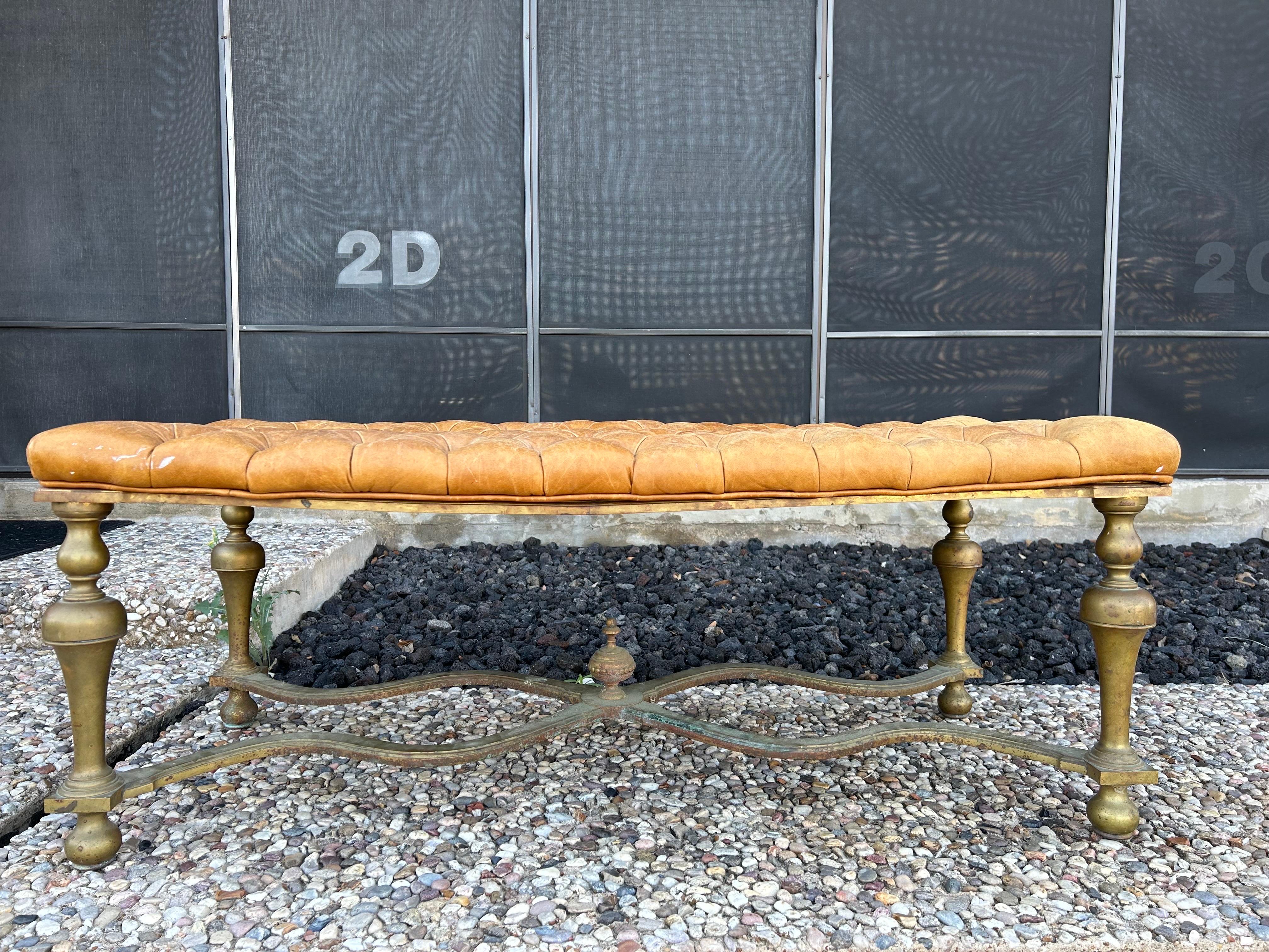 Antique English Brass and Leather Bench In Good Condition For Sale In Houston, TX