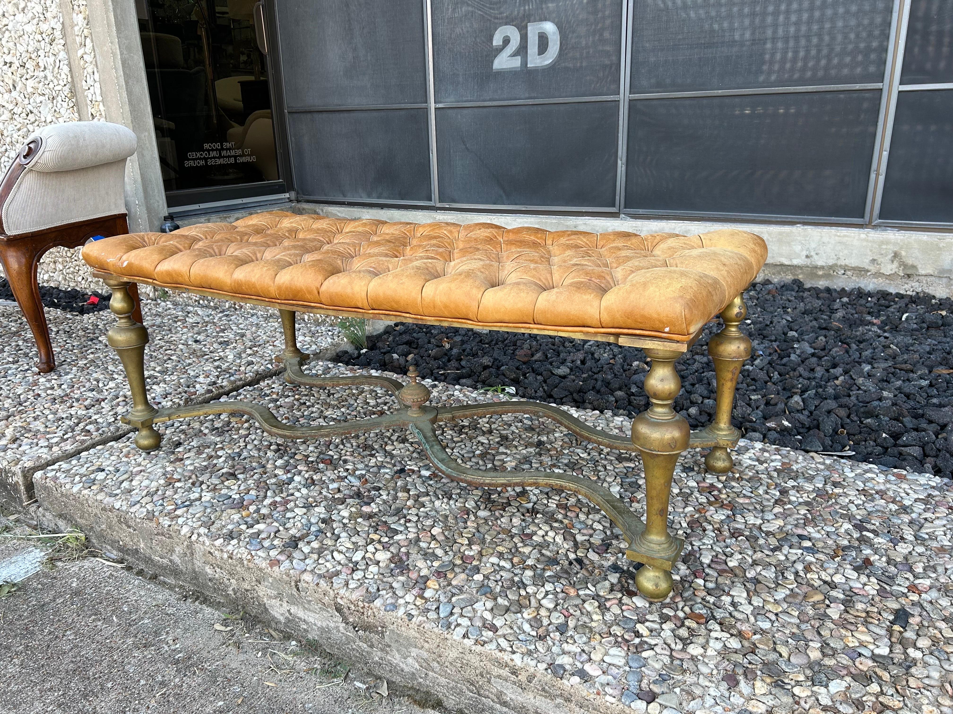 Early 20th Century Antique English Brass and Leather Bench For Sale