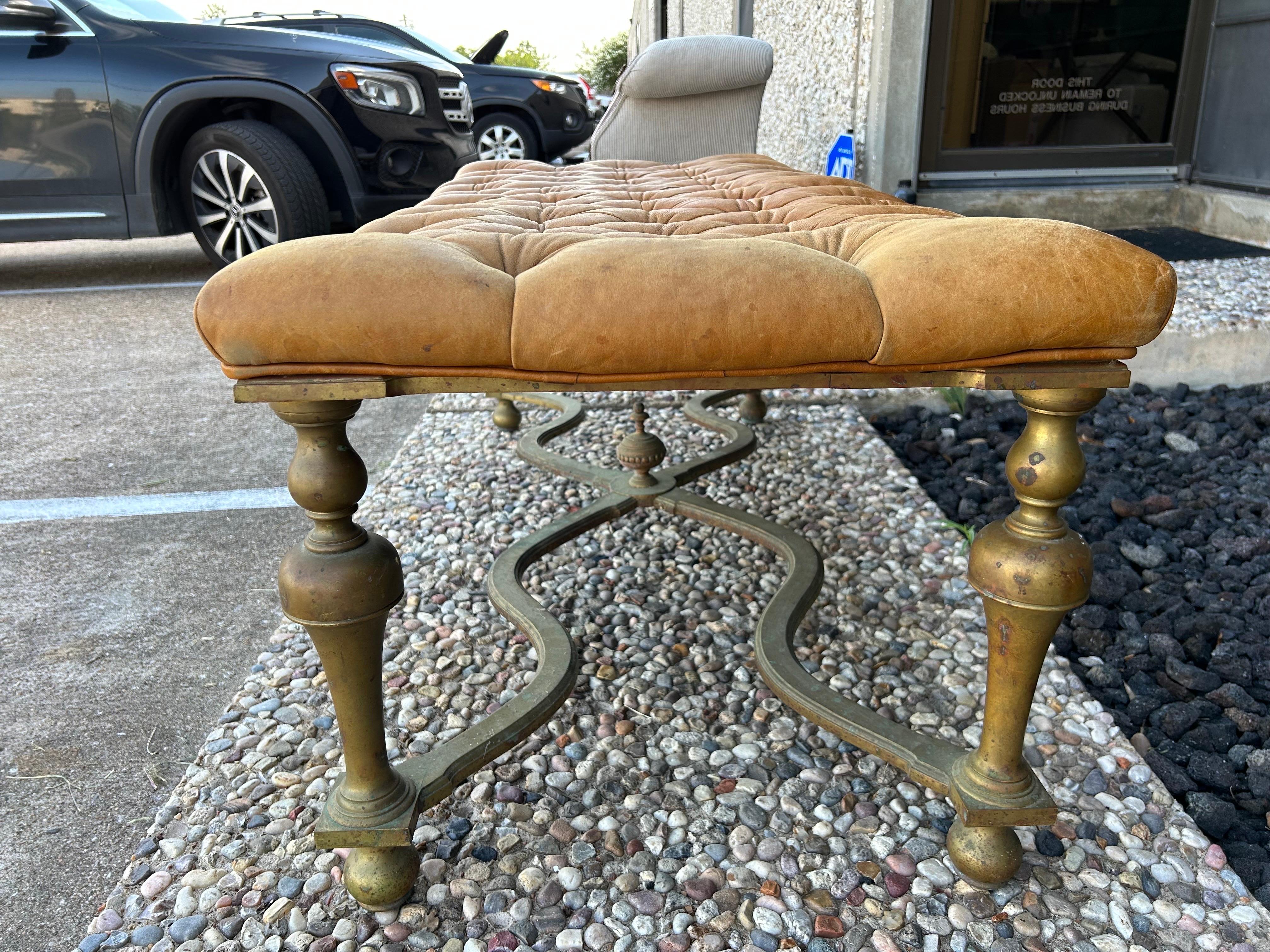 Antique English Brass and Leather Bench For Sale 1