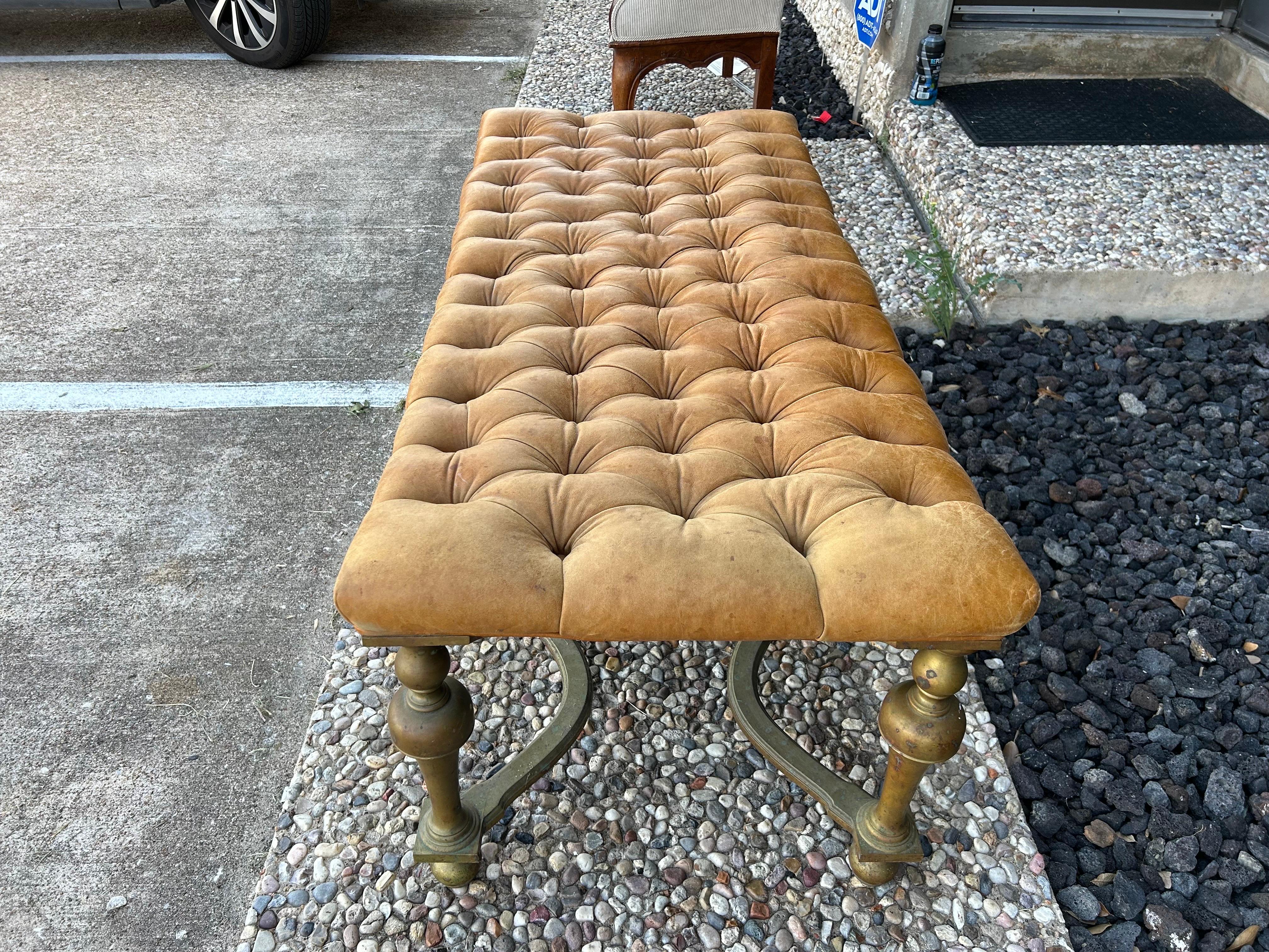 Antique English Brass and Leather Bench For Sale 2