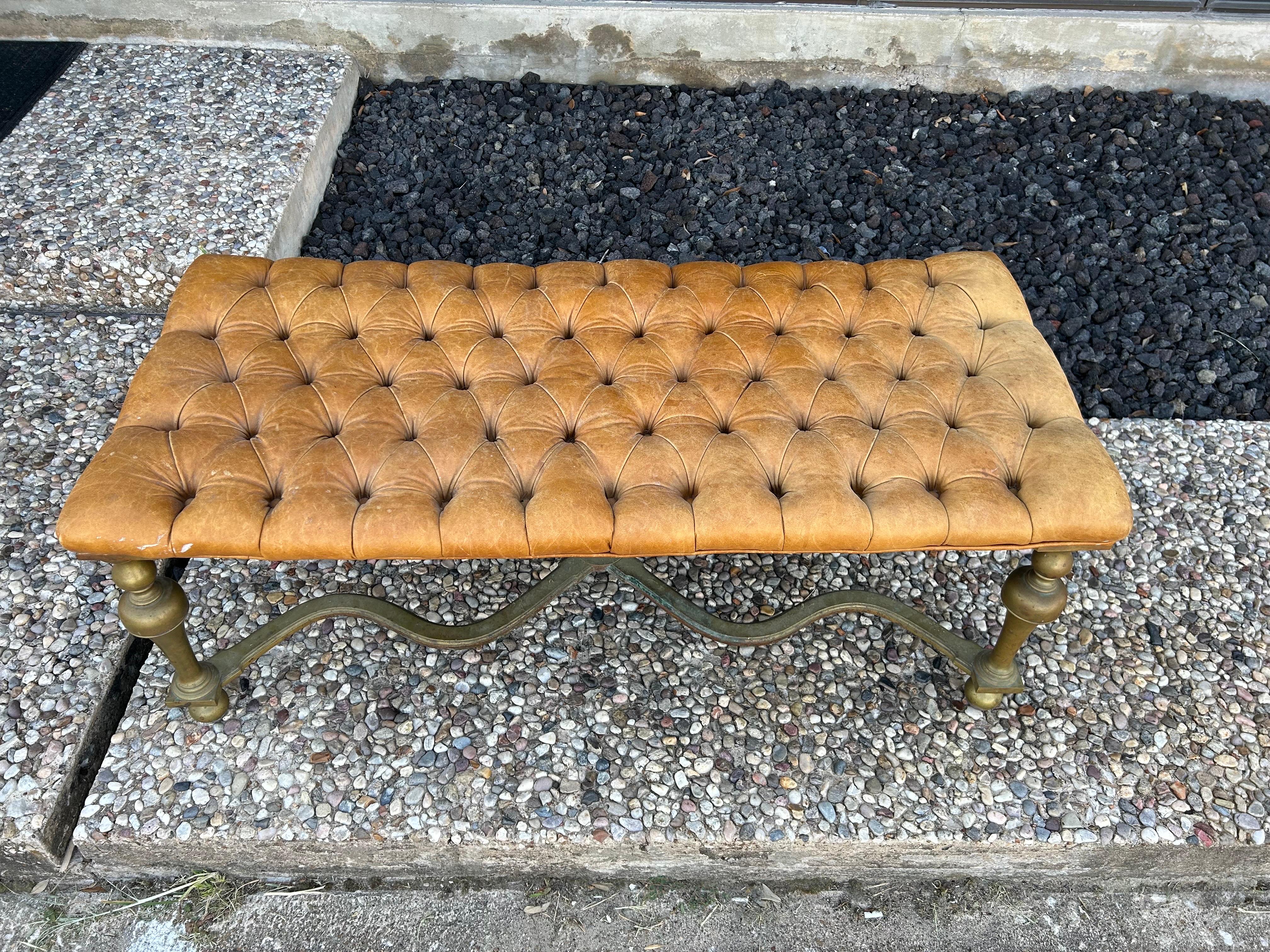 Antique English Brass and Leather Bench For Sale 3