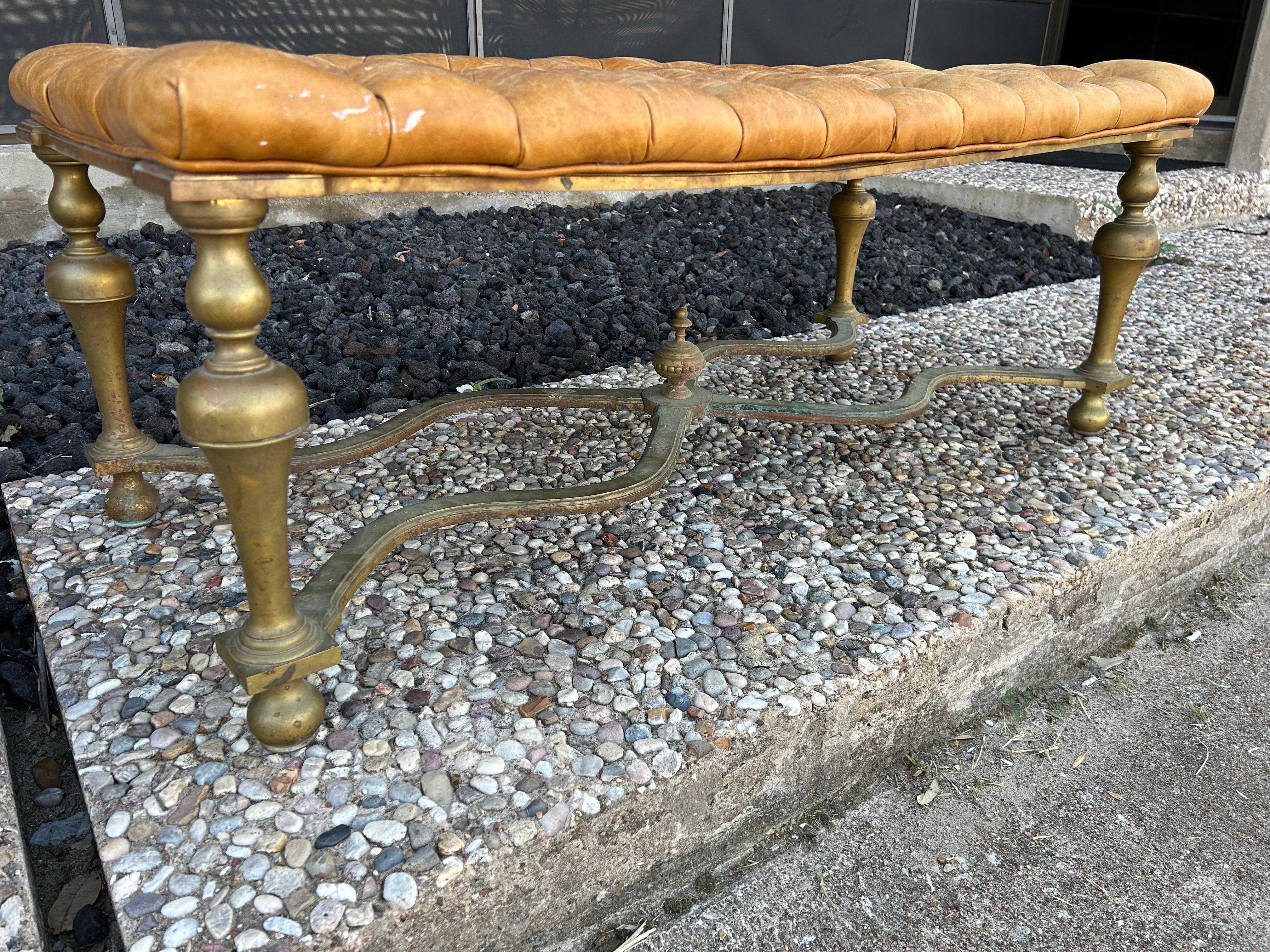 Antique English Brass and Leather Bench For Sale 4
