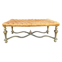 Antique English Brass and Leather Bench