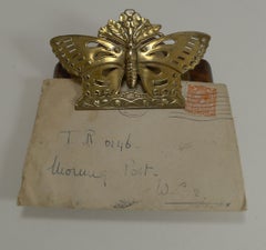 Antique English Brass and Oak Butterfly Letter Clip - 1889