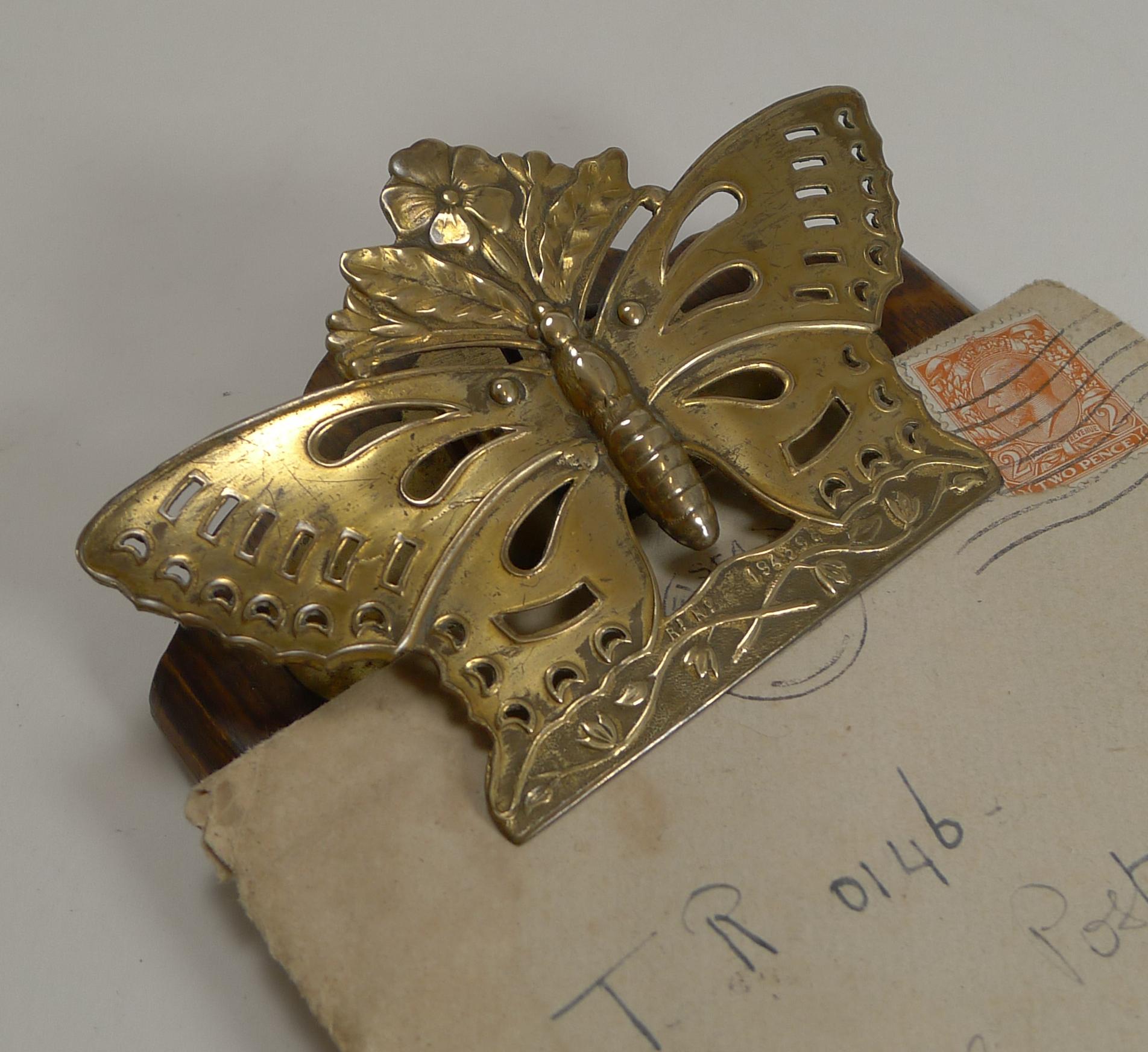 Late Victorian Antique English Brass and Oak Butterfly Letter Clip - 1889