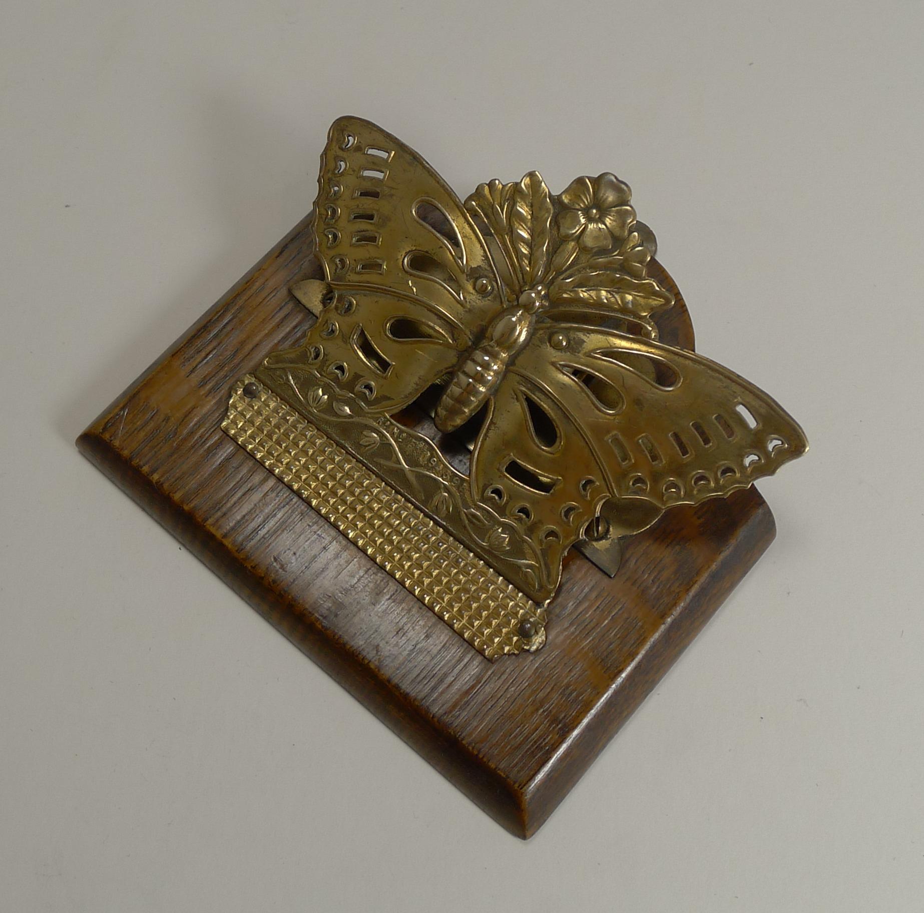 Antique English Brass and Oak Butterfly Letter Clip - 1889 2