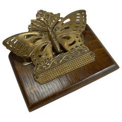 Antique English Brass and Oak Butterfly Letter Clip - 1889