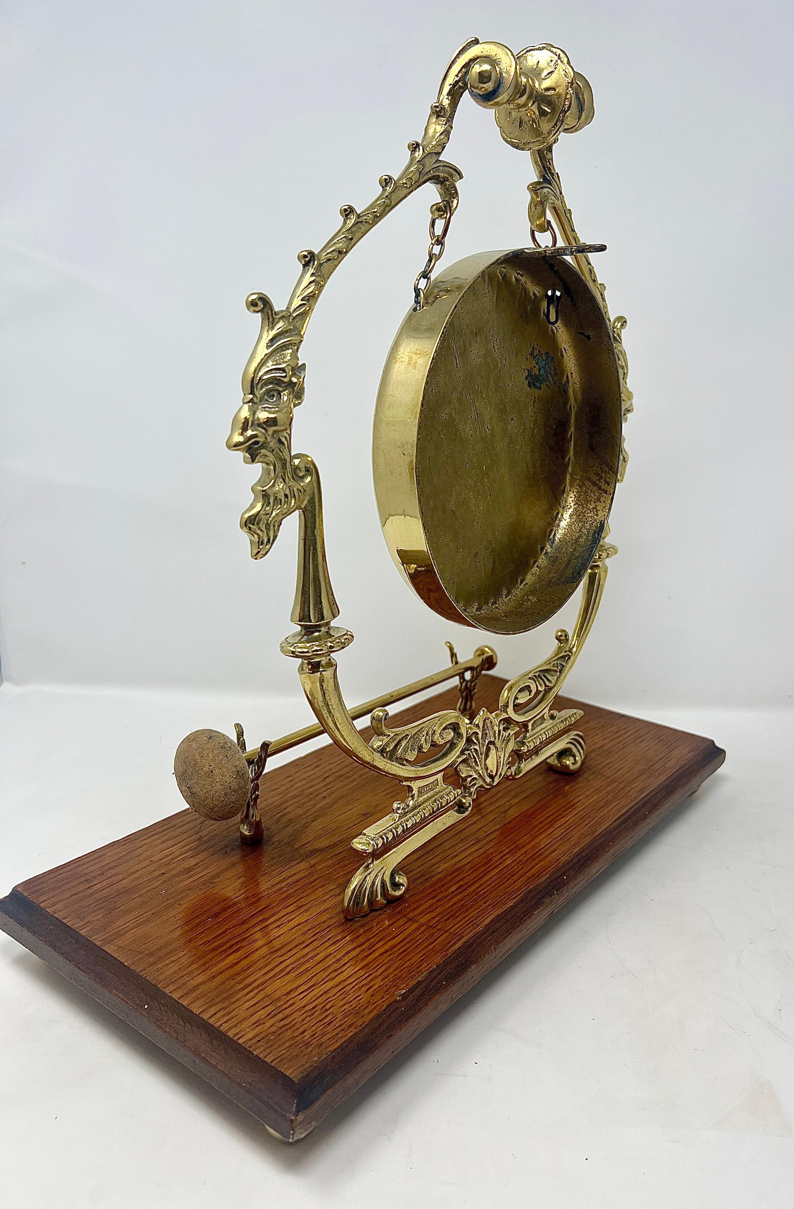 Antique English Brass And Oak Tabletop Gong, Circa 1910. For Sale 2