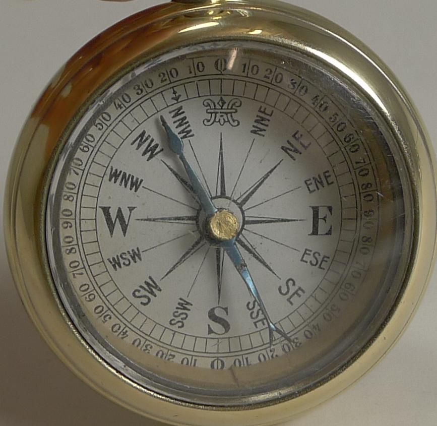 A most unusual pocket compass created in the form of a pocket watch, the case being made from polished brass and the ring being made from English sterling silver.

I have tried to identify the hallmark but is is hard to read, I would expect this