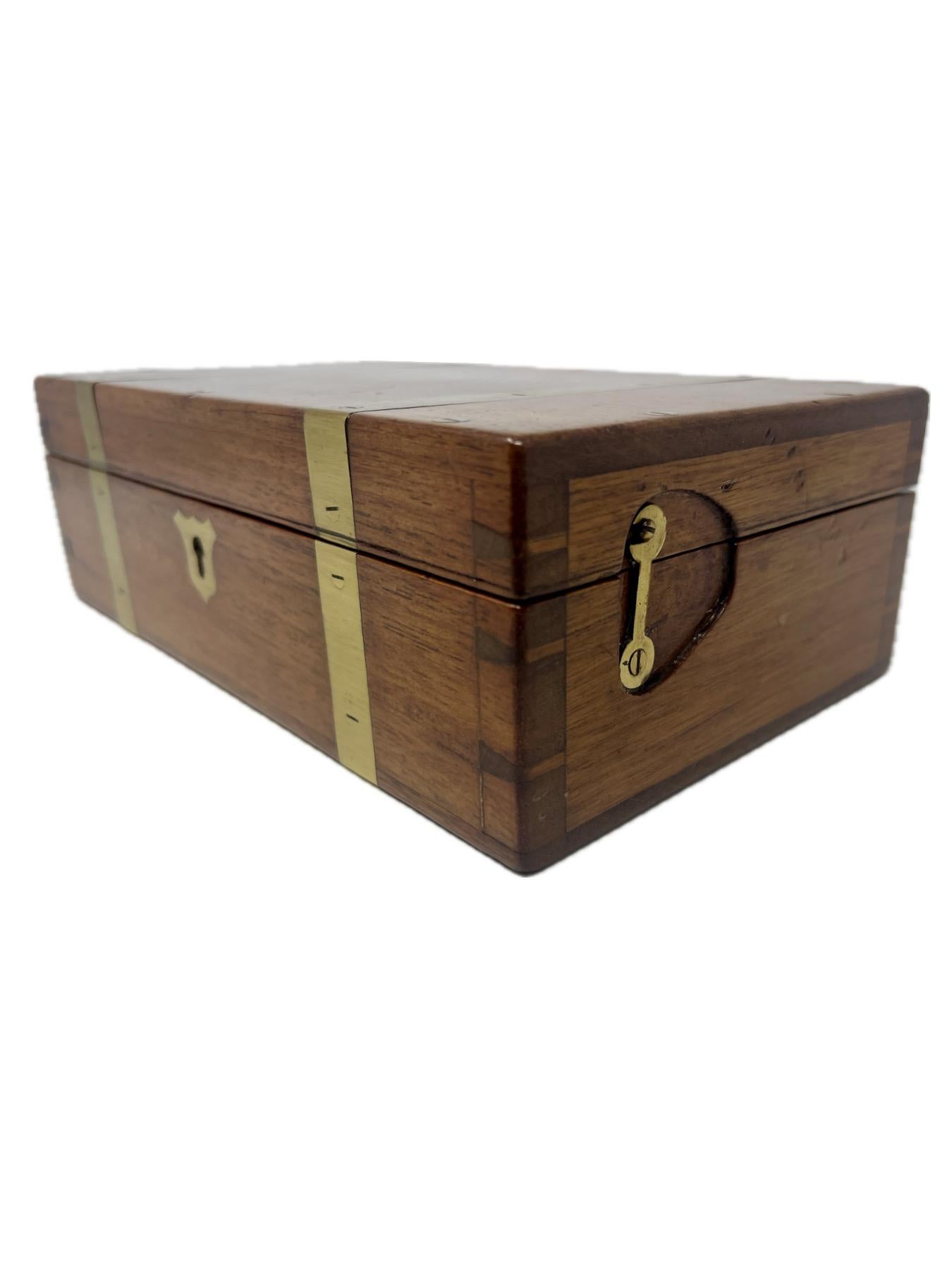 Handsome Antique English Brass Banded Walnut Travel Box, Circa 1880.