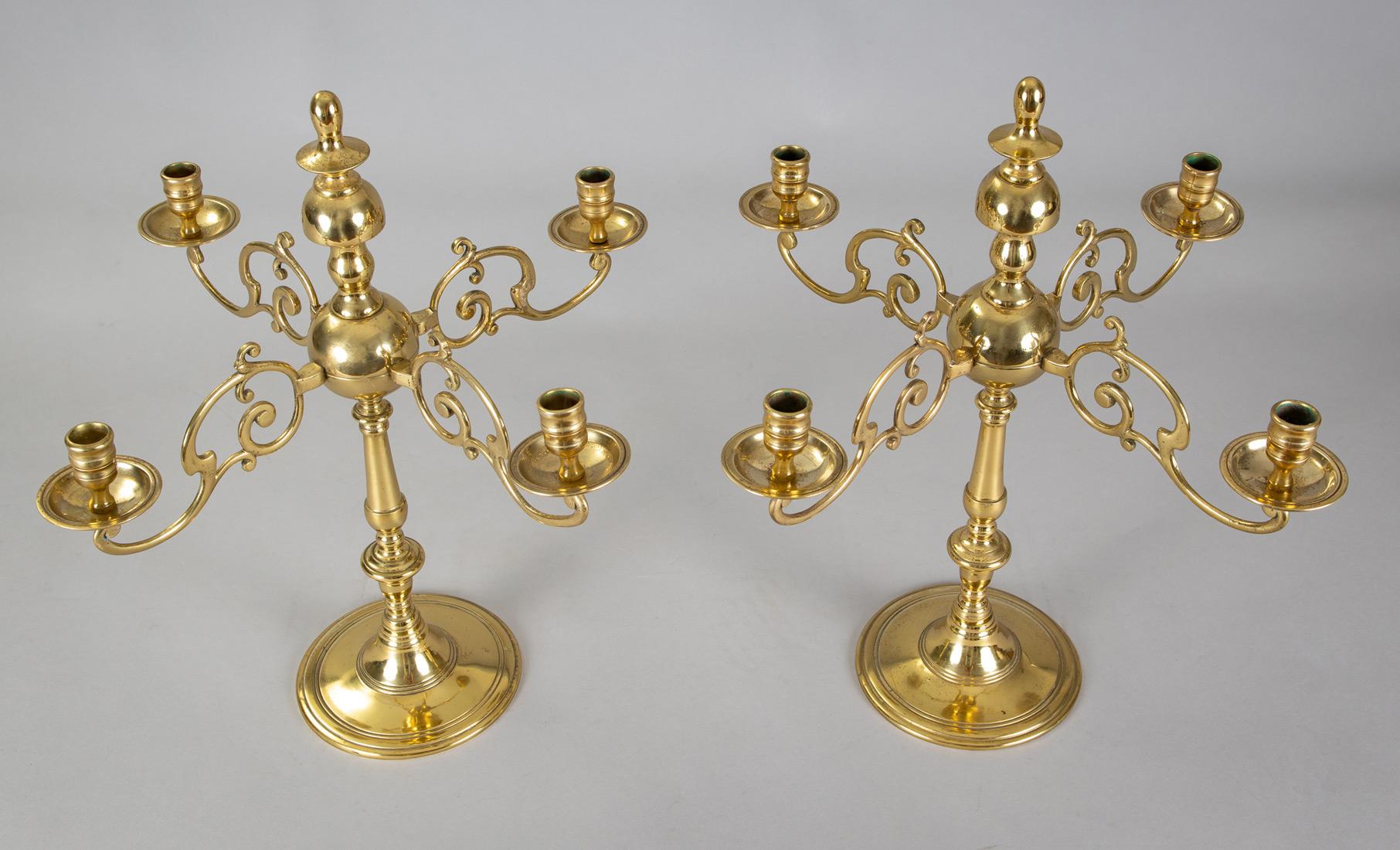 Cast Antique English Brass Candelabras, Pair For Sale
