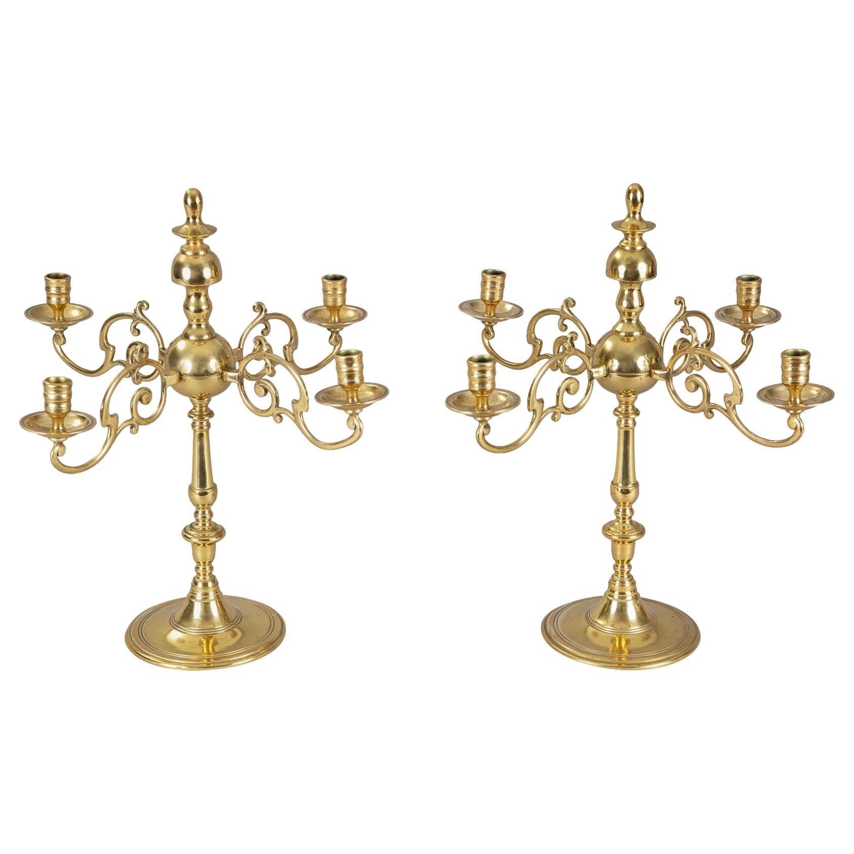 Antique English Brass Candelabras, Pair For Sale