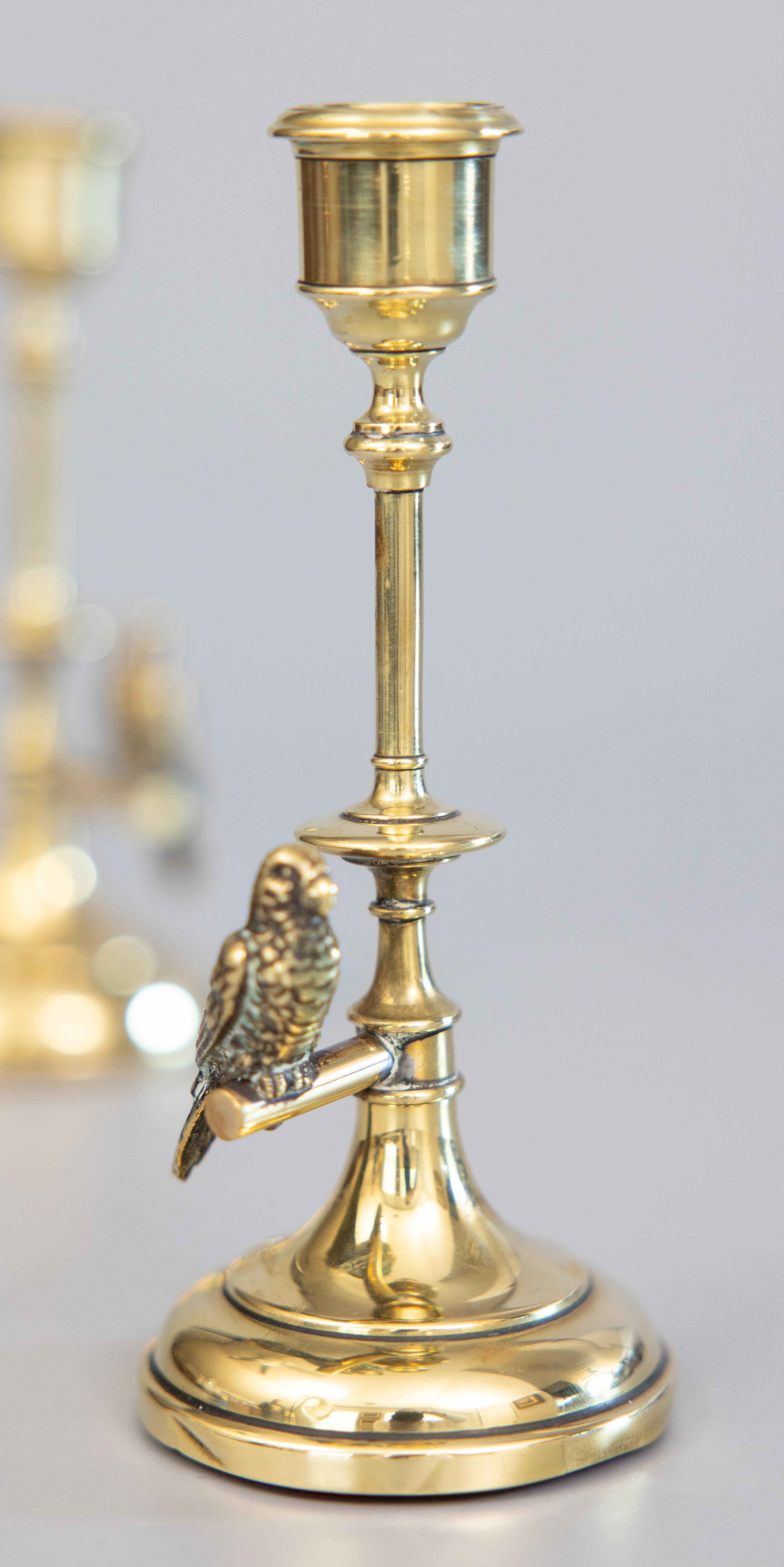 A fine pair of English Edwardian brass candlesticks with charming budgies, circa 1910. These handsome candlesticks are well made and have brass budgie parakeets on perches with wonderful details.