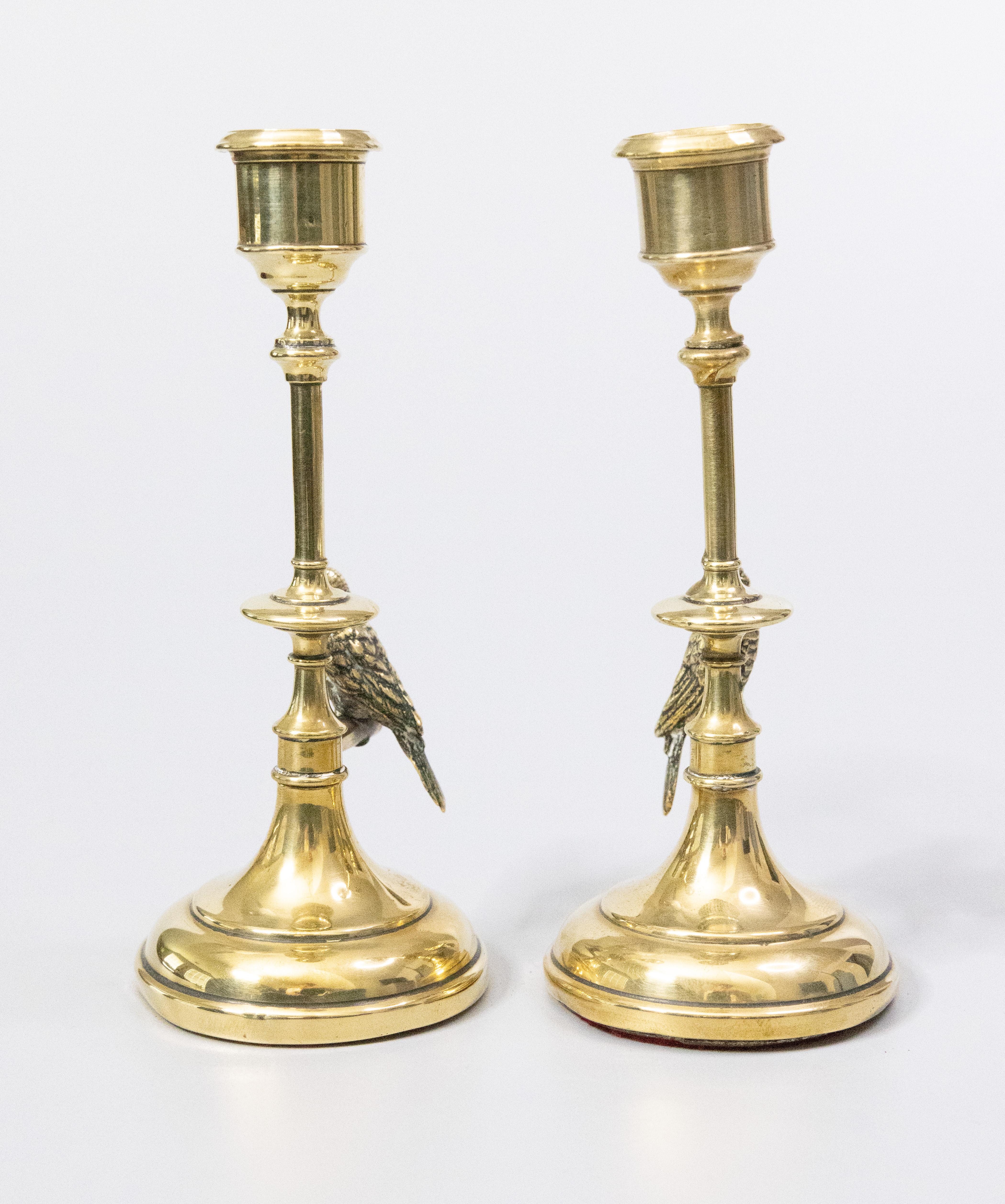 Edwardian Antique English Brass Candlesticks with Budgies Parakeets, circa 1910