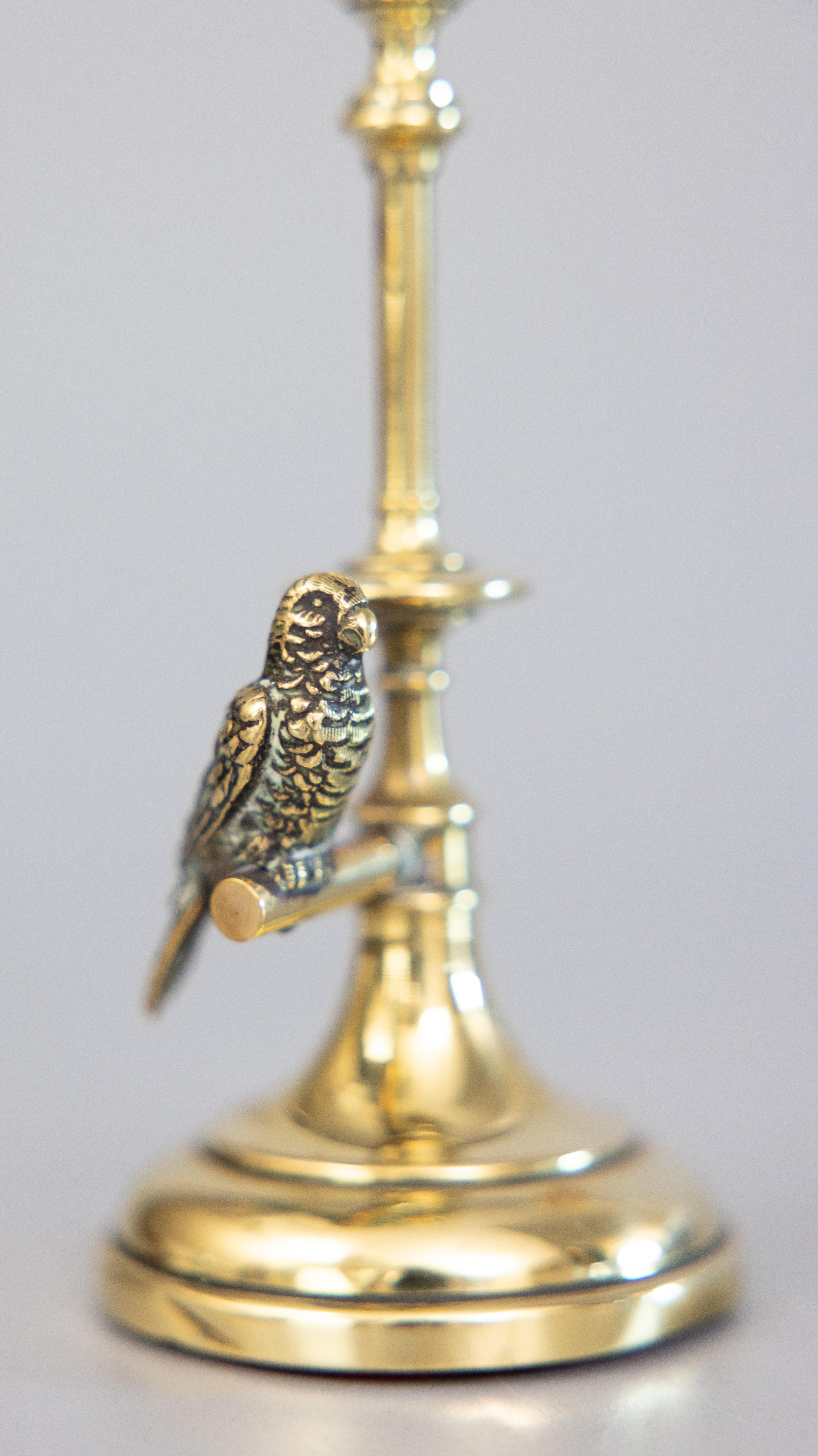 Antique English Brass Candlesticks with Budgies Parakeets, circa 1910 In Good Condition In Pearland, TX