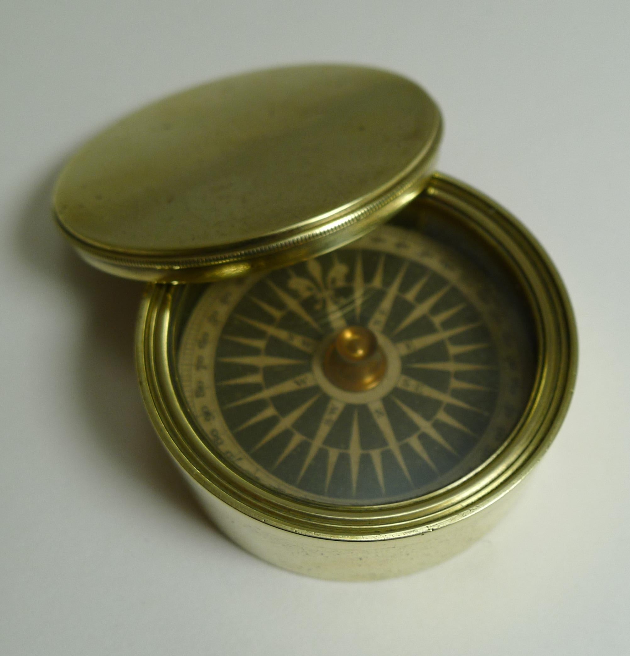Late 19th Century Antique English Brass Cased Floating Card Explorers Pocket Compass, circa 1880