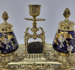 Antique English Brass, Cobalt and Porcelain Inkwell