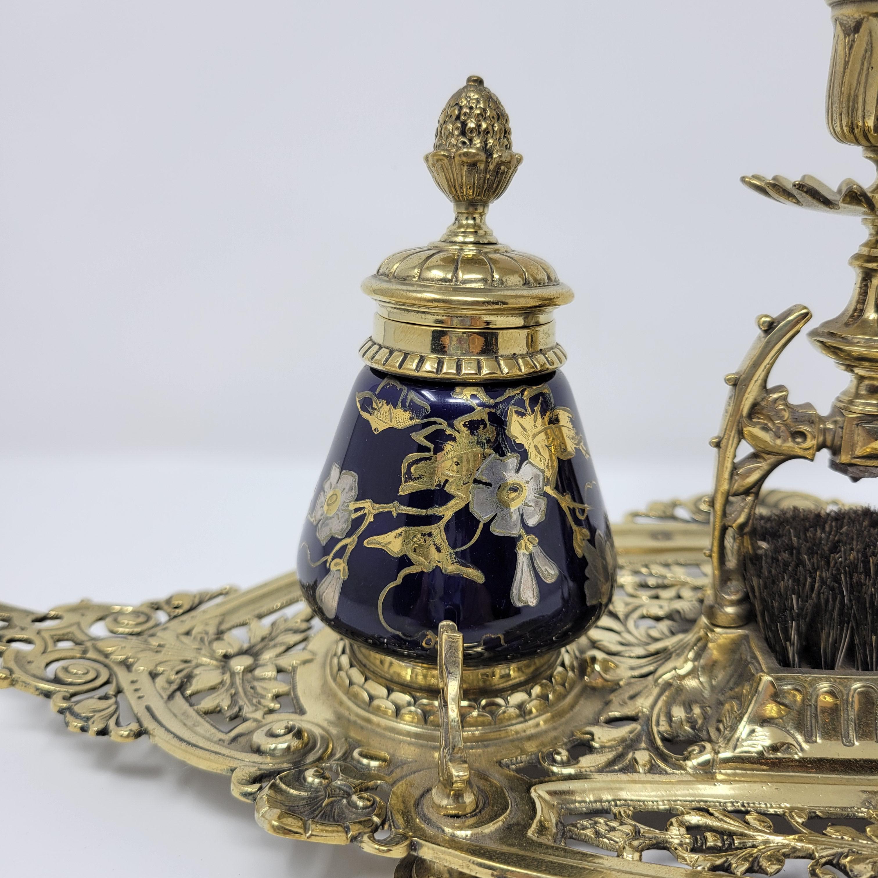 Antique English Brass, Cobalt and Porcelain Inkwell  In Good Condition For Sale In New Orleans, LA