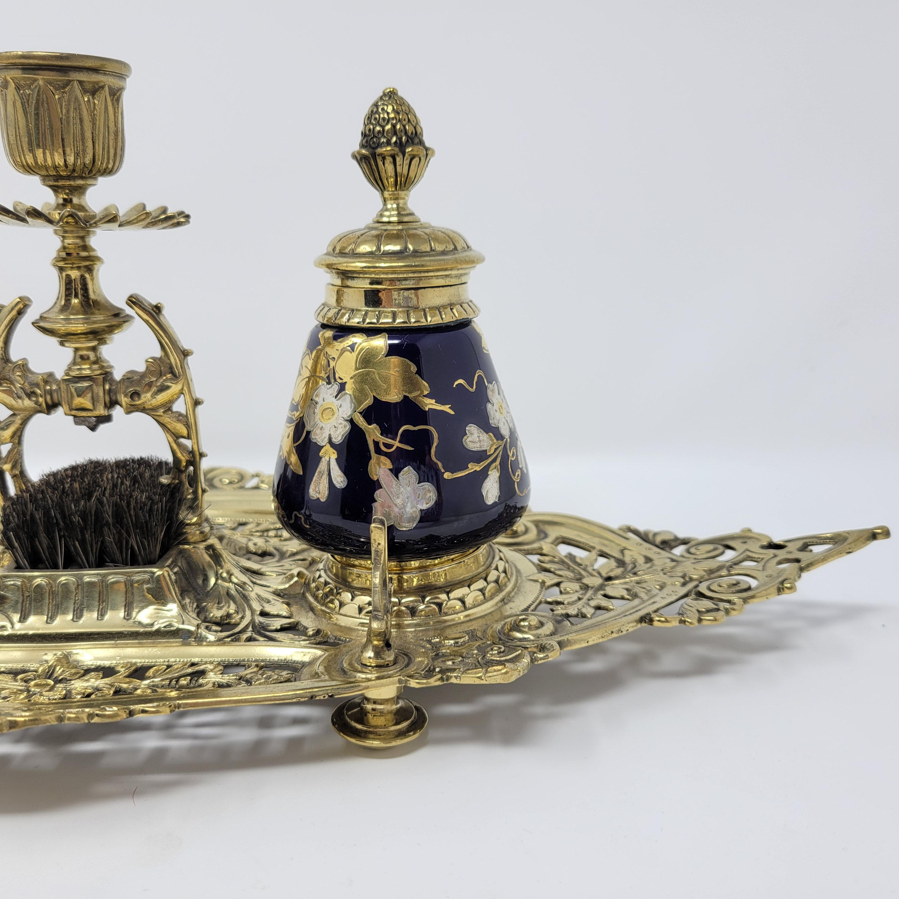 19th Century Antique English Brass, Cobalt and Porcelain Inkwell  For Sale