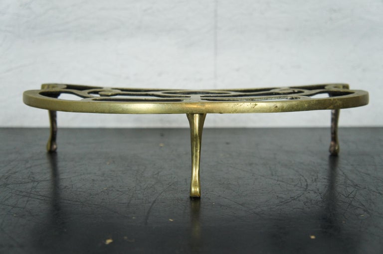 Antique English Brass Demilune Footman Fireplace Trivet Kettle Pot Stand For Sale at 1stDibs