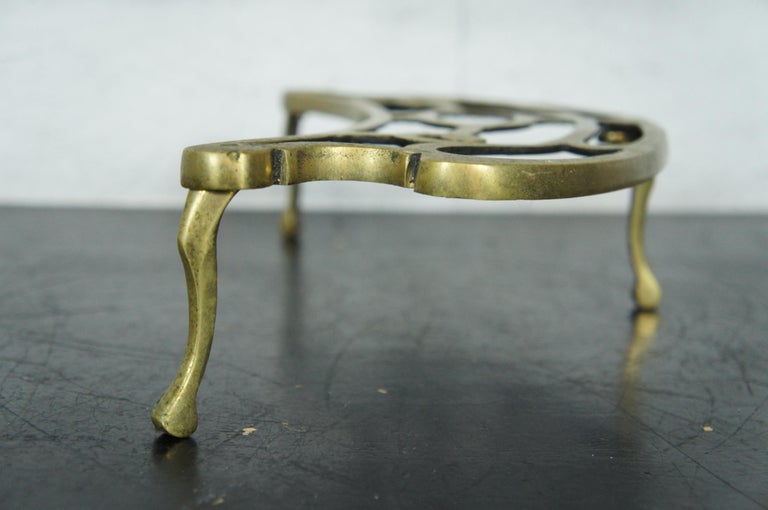 Antique English Brass Demilune Footman Fireplace Trivet Kettle Pot Stand For Sale at 1stDibs