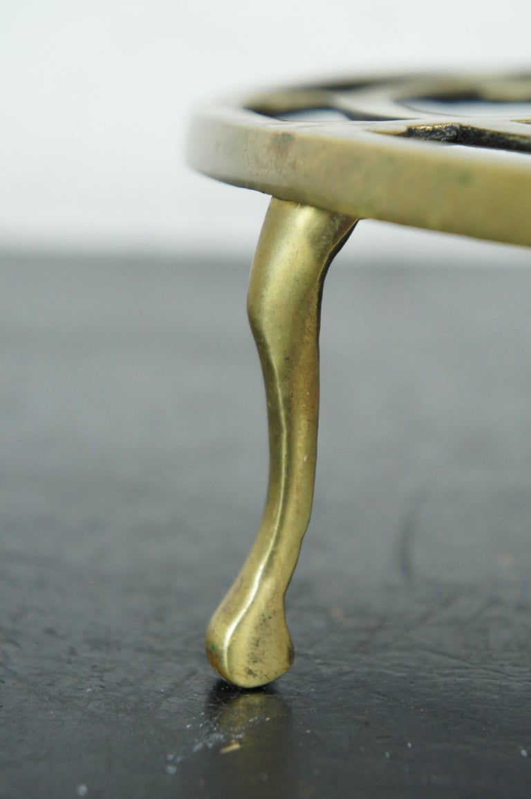 Antique English Brass Demilune Footman Fireplace Trivet Kettle Pot Stand For Sale at 1stDibs